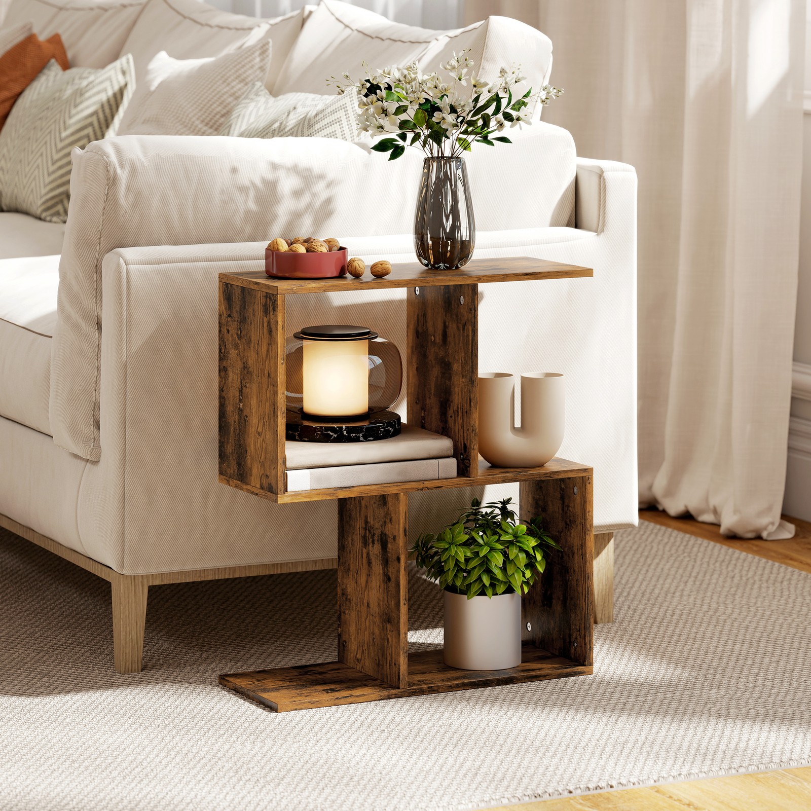 Wood-Grain Finish Side Table, S-Shaped End Table, Rustic Brown