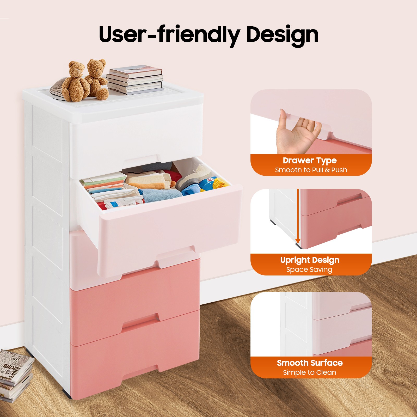 Plastic Drawers Dresser, 5 Layers Storage Cabinet for Clothes,Playroom,Bedroom