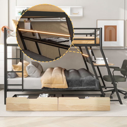 Full Size Metal Bunk Bed Frames with Built-in Desk LED Light and Storage Drawers