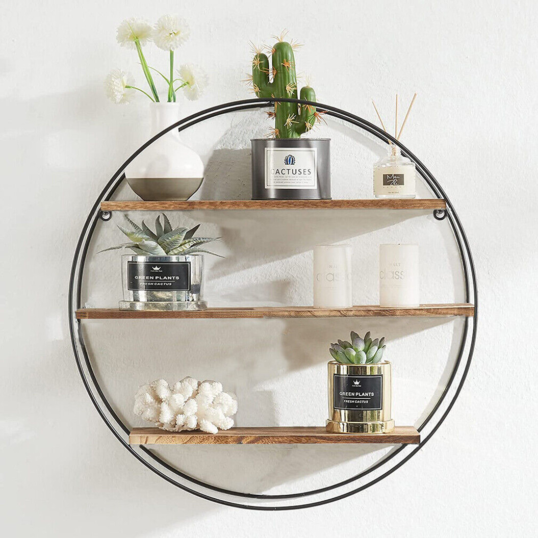 3 Tier Round Floating Shelves for Wall Mounted Metal/Wood Unique Book Display
