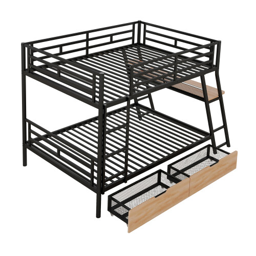 Full Size Metal Bunk Bed Frames with Built-in Desk LED Light and Storage Drawers