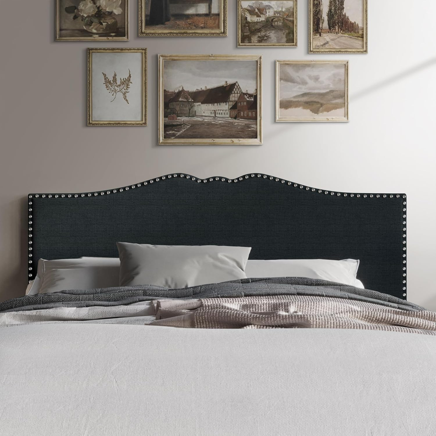 Charcoal Grey Queen Linen Upholstered Headboard with Nailhead Trim
