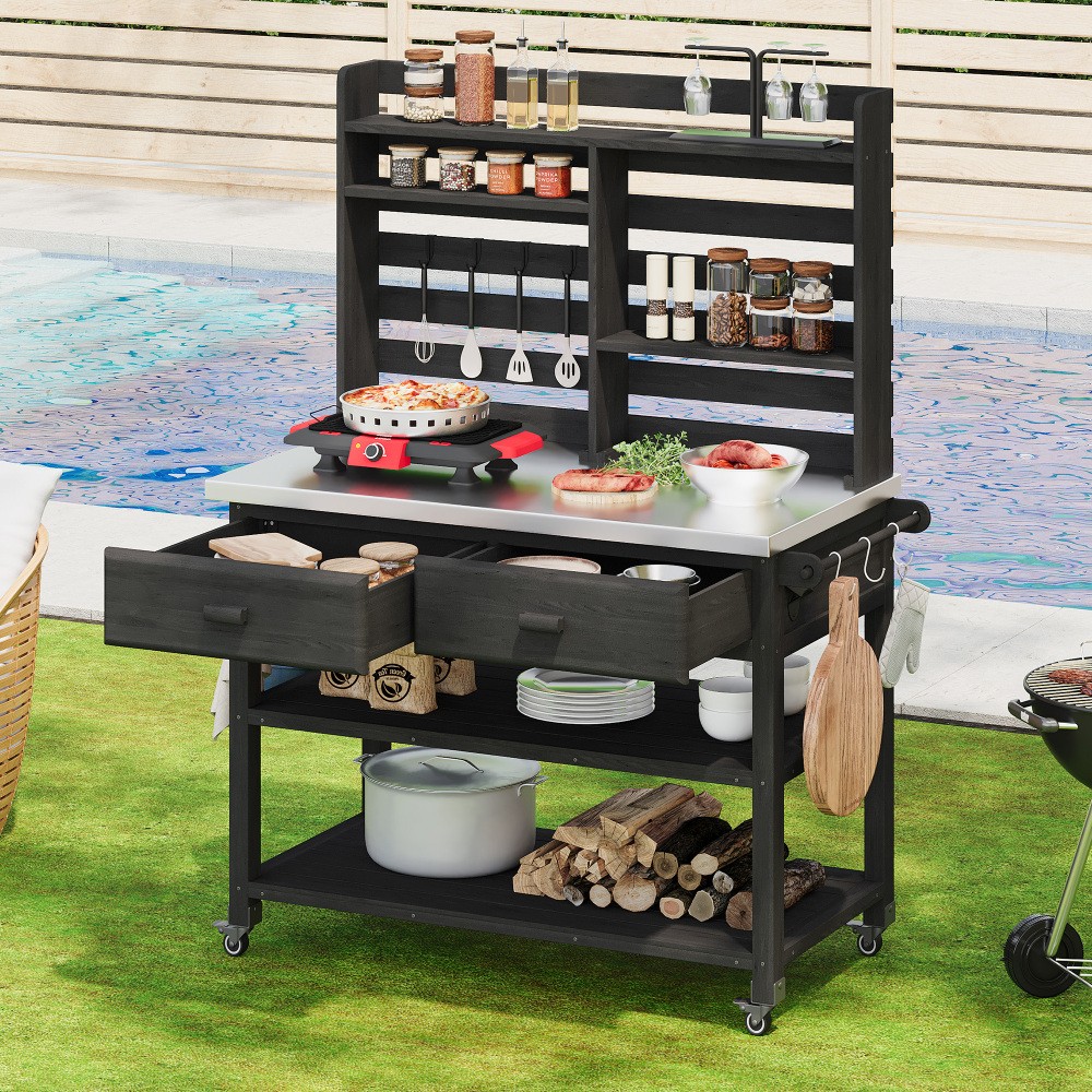Outdoor Potting Bench with Lockable Wheels – Wood Kitchen Island, Stainless Top