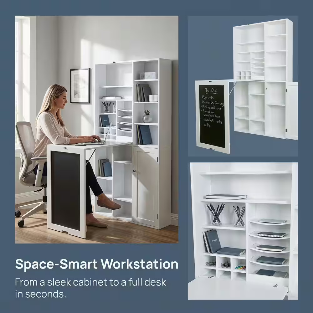 31 In. Rectangular White Floating Desk with Built-In Storage
