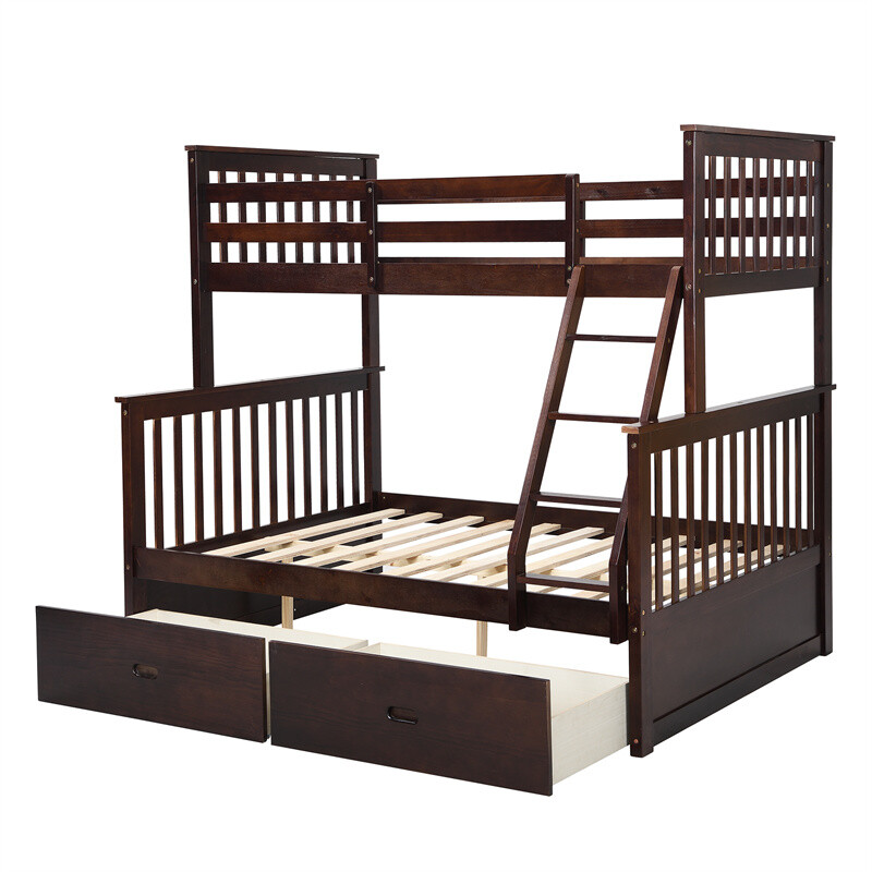 Twin Over Full Bunk Bed with 2 Storage Drawers Convertible Platform Bed Espresso