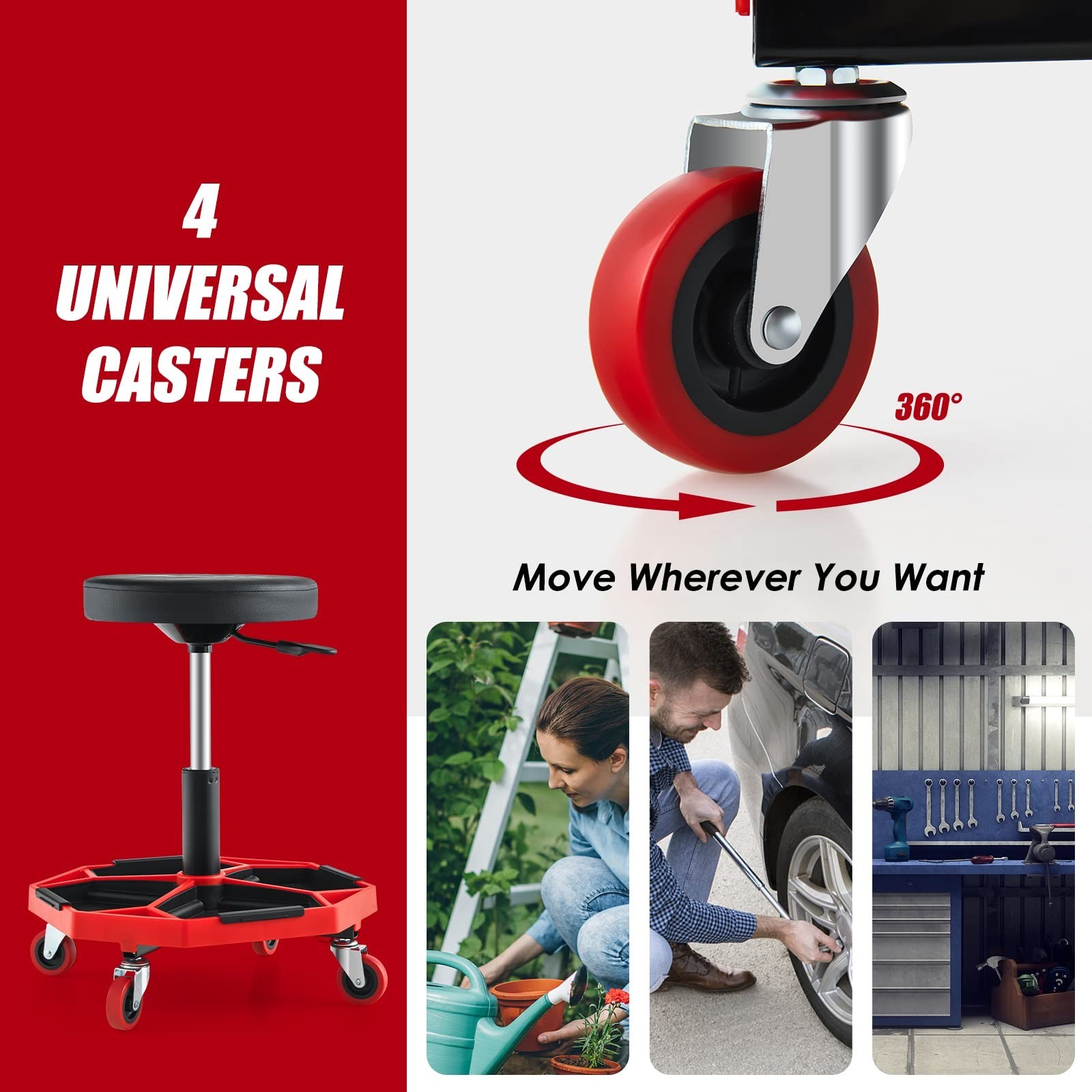 Adjustable Rolling Garage Stool 16”-22” with Universal Wheels & Tool Tray, 330LB