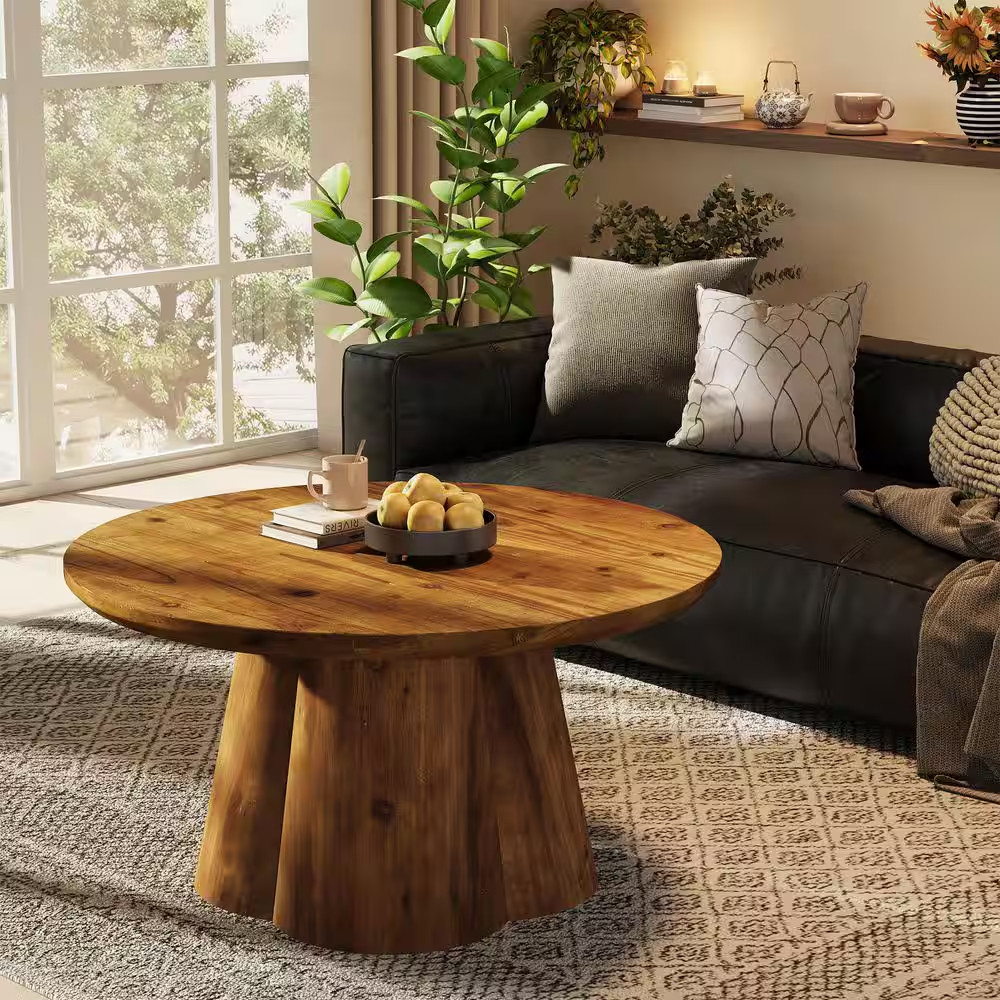 Allan 31.5 In. Brown round Solid Wood Coffee Table with Robust Base, Farmhouse C