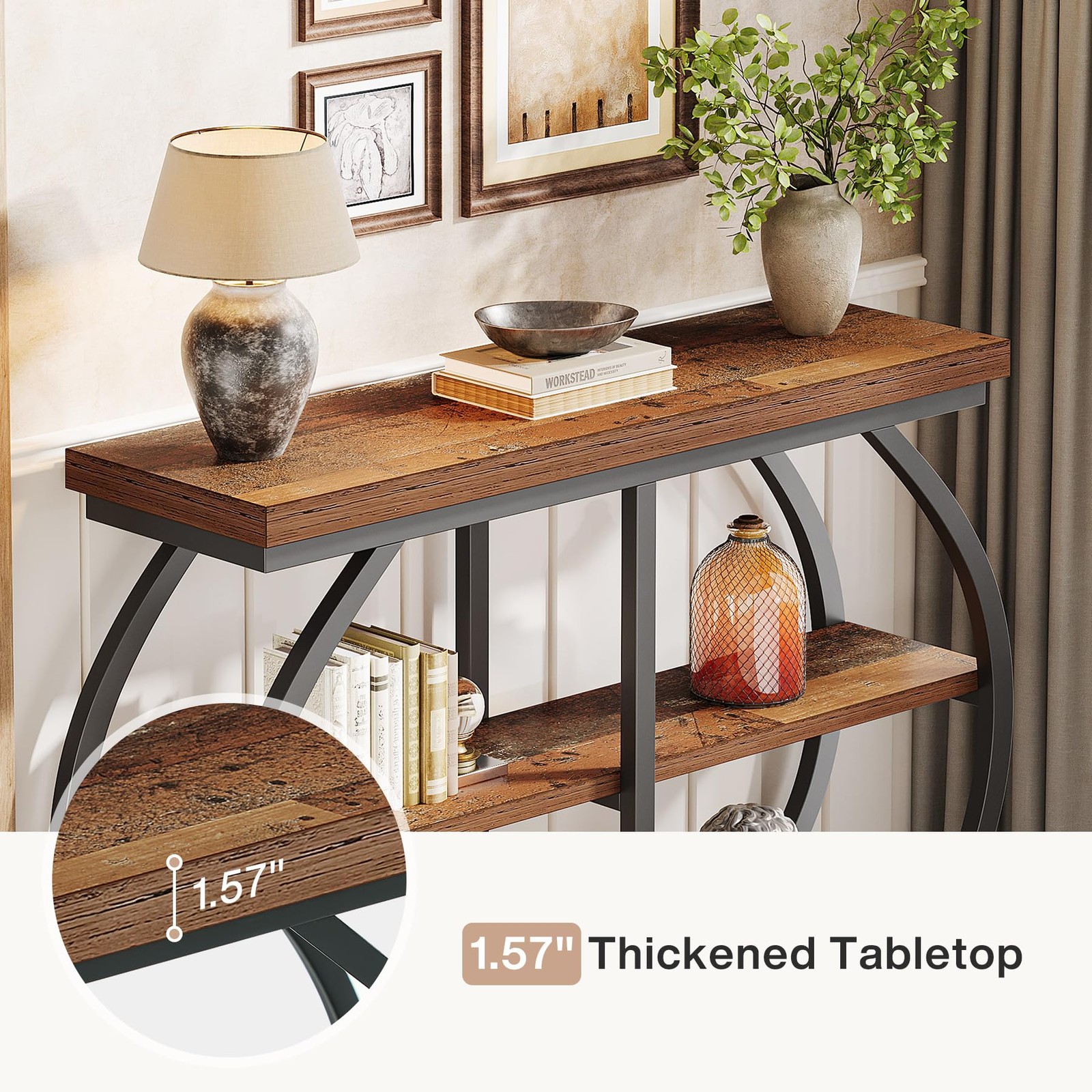 41.3″ Console Table Industrial 3-Tier Entryway w/Metal Frame & Stone Base