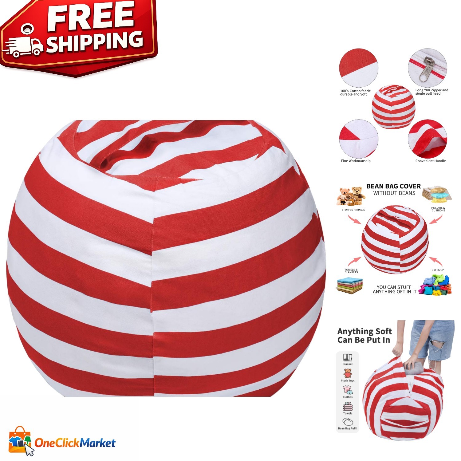 Portable Stuffed Animal Storage Bag – Foldable Red Bean Bag Chair for All Ages