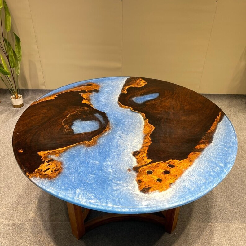 Blue Ocean Epoxy Table, Wooden Table , Epoxy Resin River Table, Round Table Deco