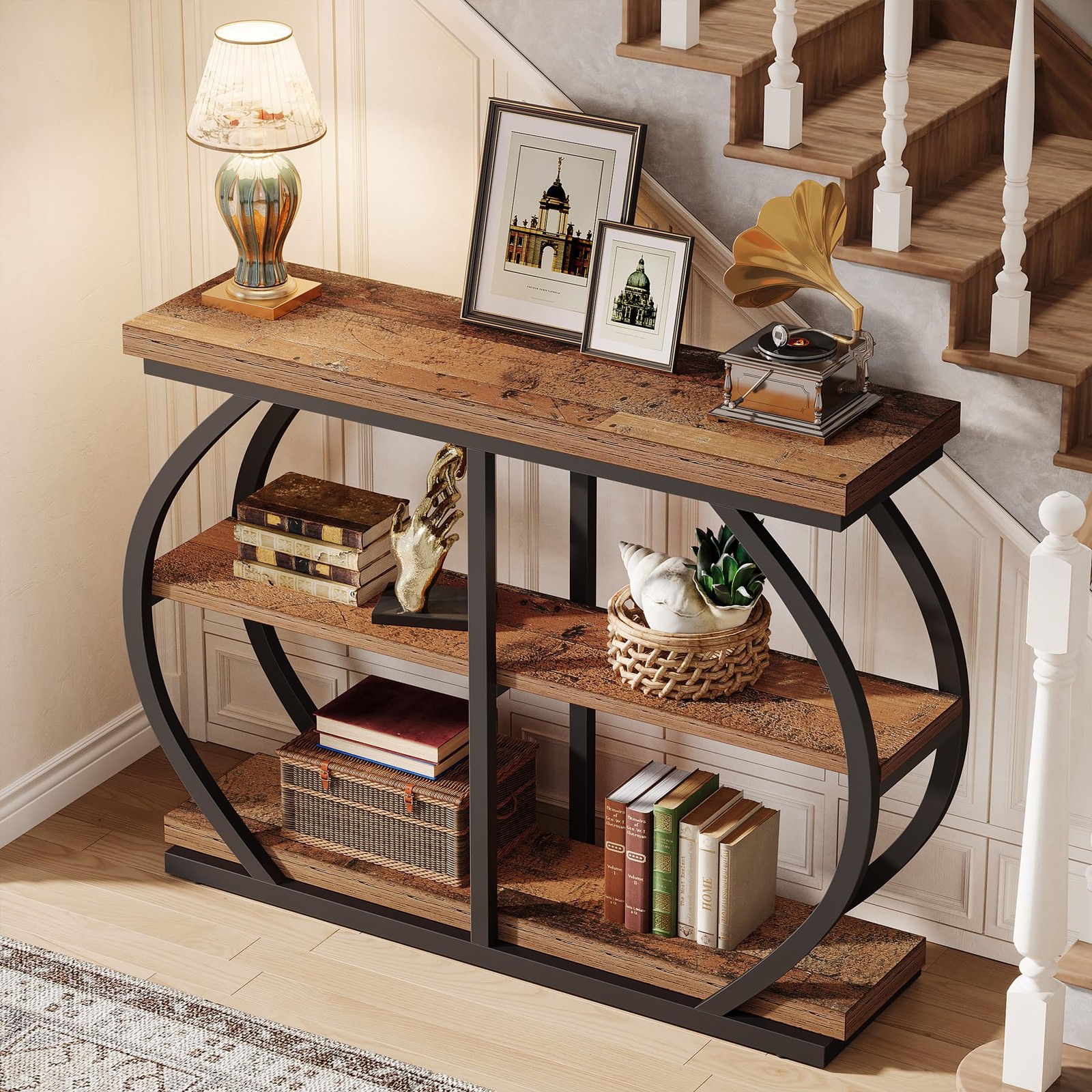 41.3″ Console Table Industrial 3-Tier Entryway w/Metal Frame & Stone Base