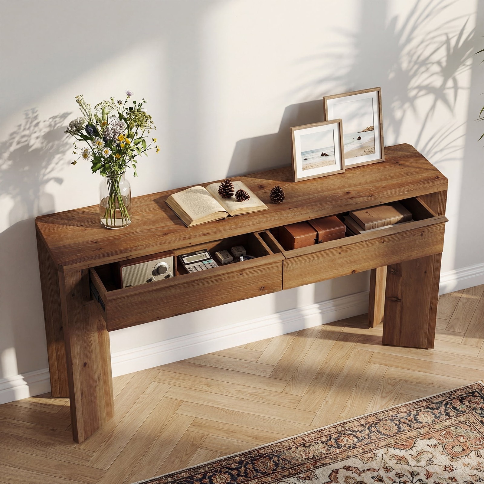 Solid Wood Console Table with 2 Drawers, 63 inch Long Entryway Table for Hallway