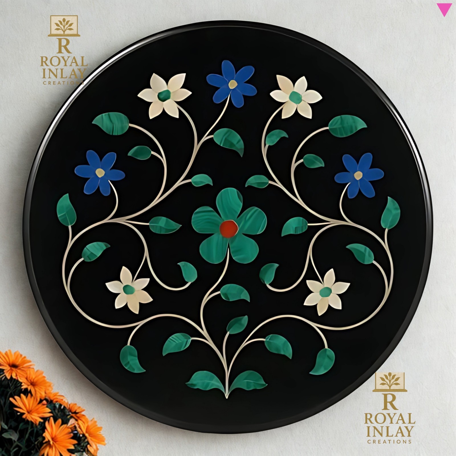 Black Marble Inlay Tabletop with Floral Semi Precious Stones, Round Art 24″