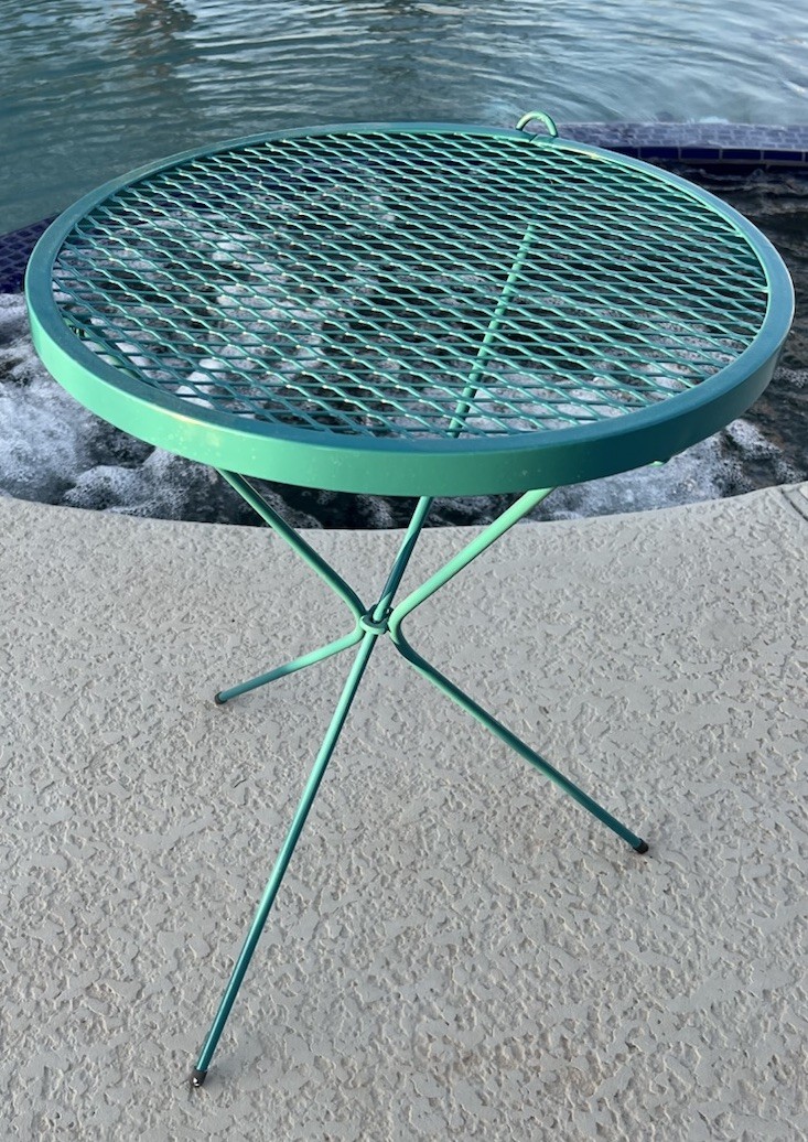 MCM Round Metal Wire Folding Side Table Teal Blue 16″ Tripod Iron Powder Coat