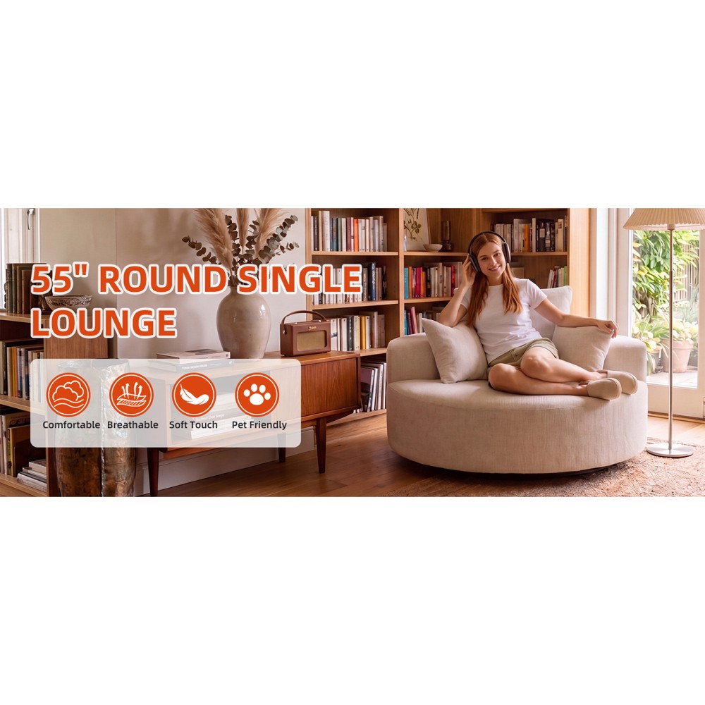 55″ Oversized Round Swivel Chair, 360° Rotating Chenille Cotton Blend Chair
