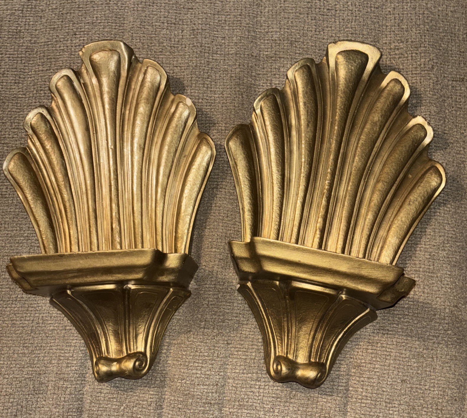 2 Vintage 1991 Plaster Shelf Wall Sconce Gold Hollywood Regency Made In USA