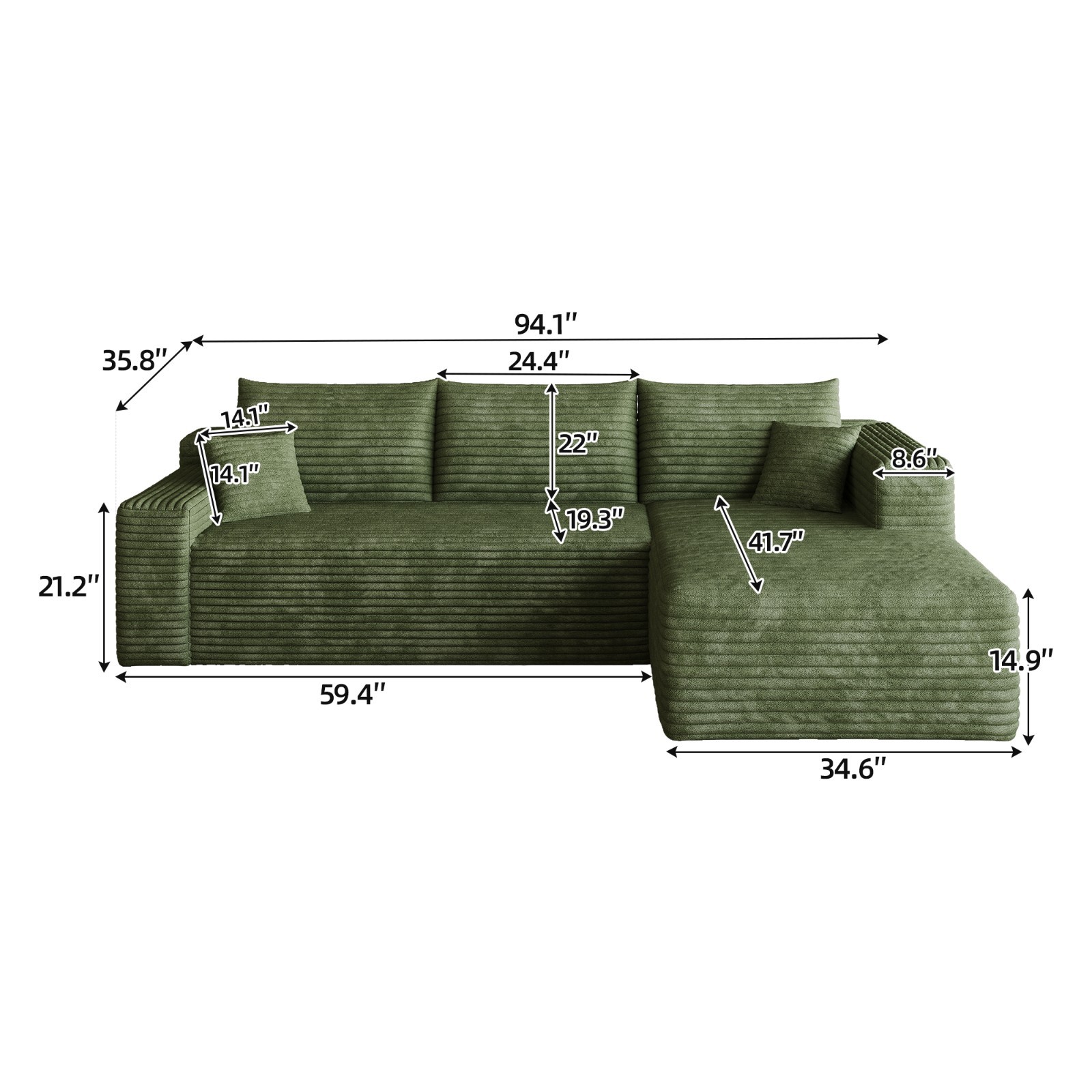 95″ L Shaped Corduroy Sofa Cloud Boneless Sofa Set Right Chaise for Living Room