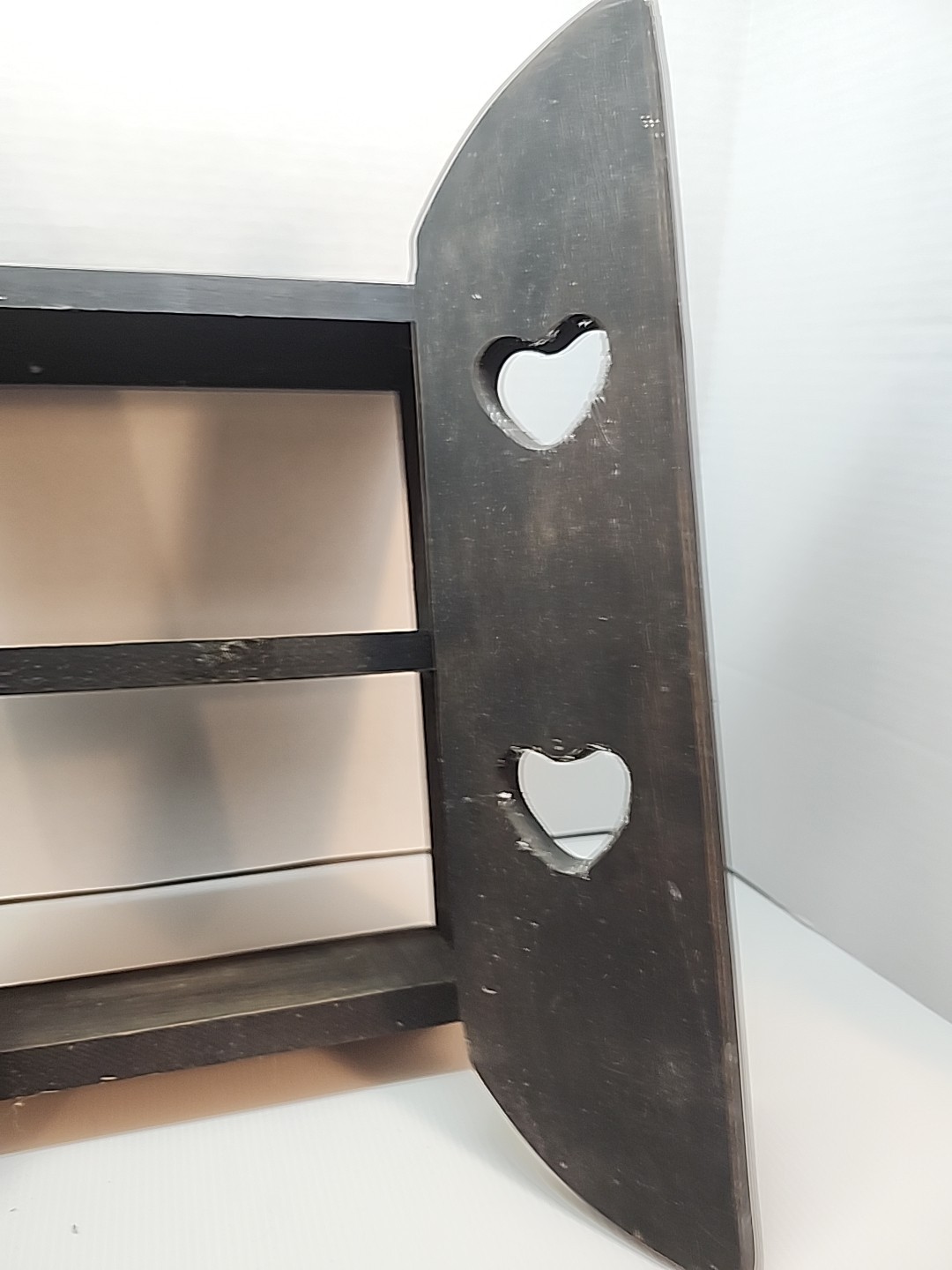 Vintage 19″ Wooden Heart Cutout Shelf Doors Cubbies Country Cottage -Black Paint