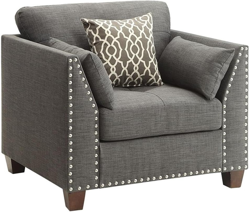 Stylish Light Charcoal Linen Track Arm Chair with Nailhead Trim