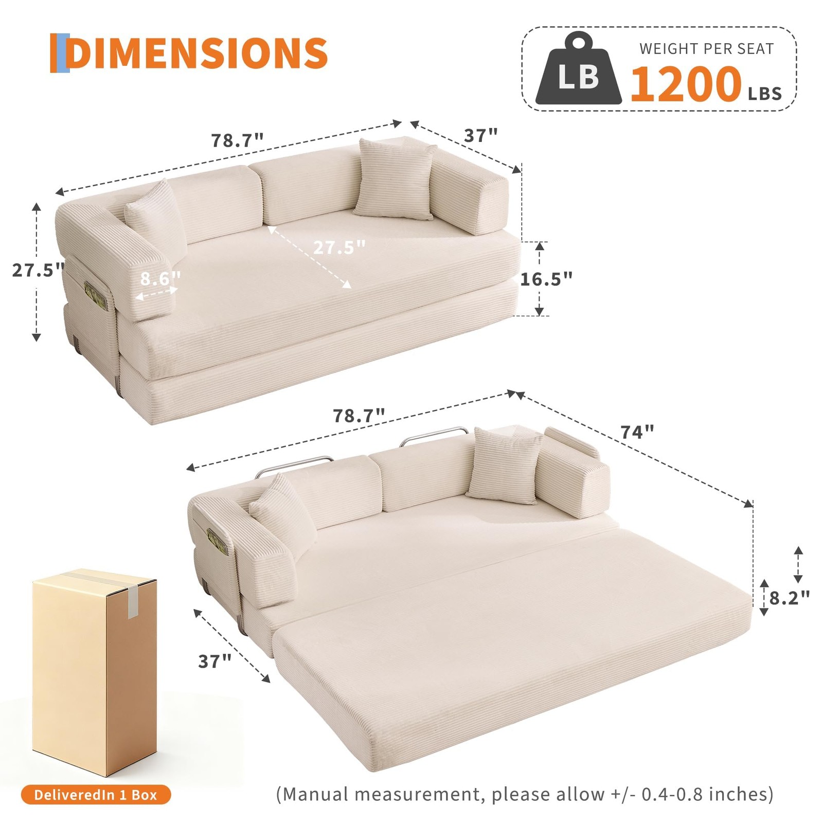 78.8″ Modular Corduroy Sofa Bed 5 in 1 Convertible Futon Couch Pull-Out Sleeper