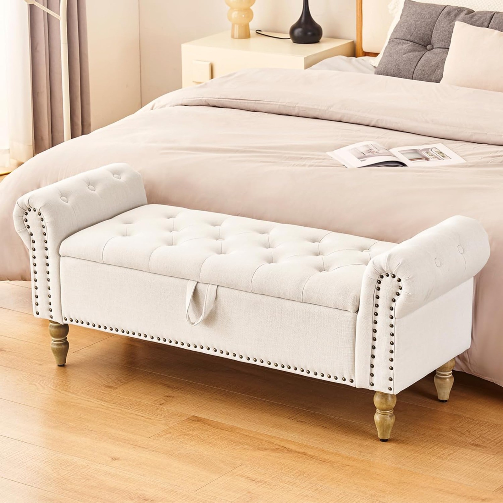 Storage Bedroom Bench for End of Bed, Faux Linen Upholstered Storage Ottoman