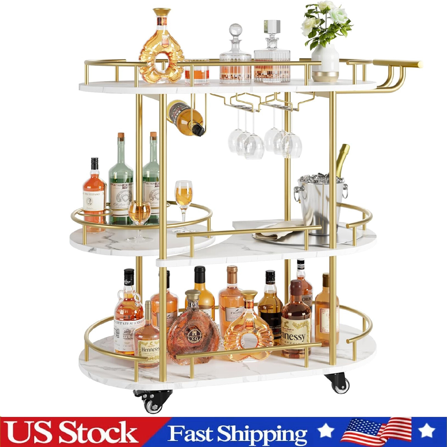Gold Bar Cart, 3 Tier Rotating Bar Cart Kitchen Gold Serving Cart with Wine Rack