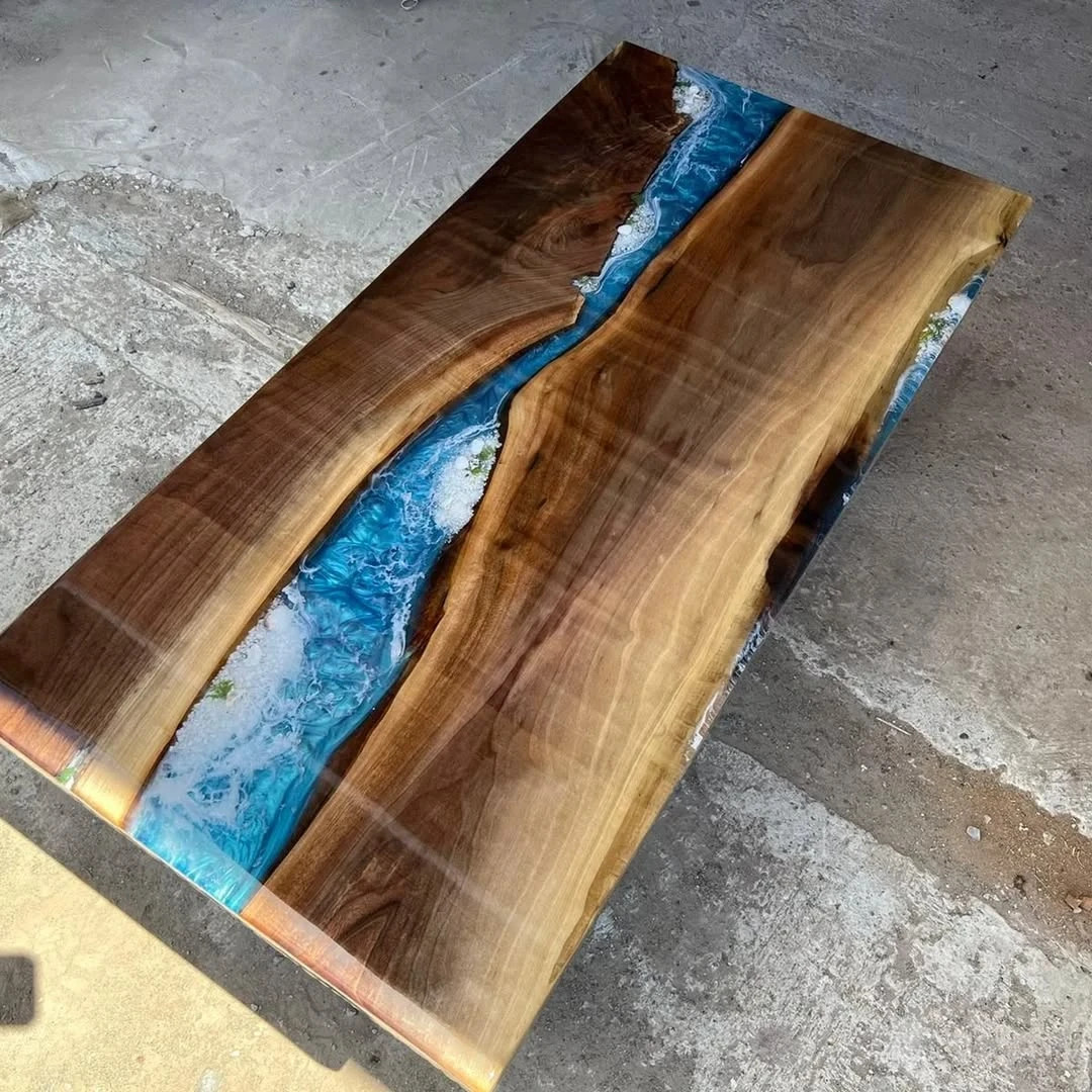 Blue Epoxy River Table Live Edge Wood | Custom Dining or Office Desk