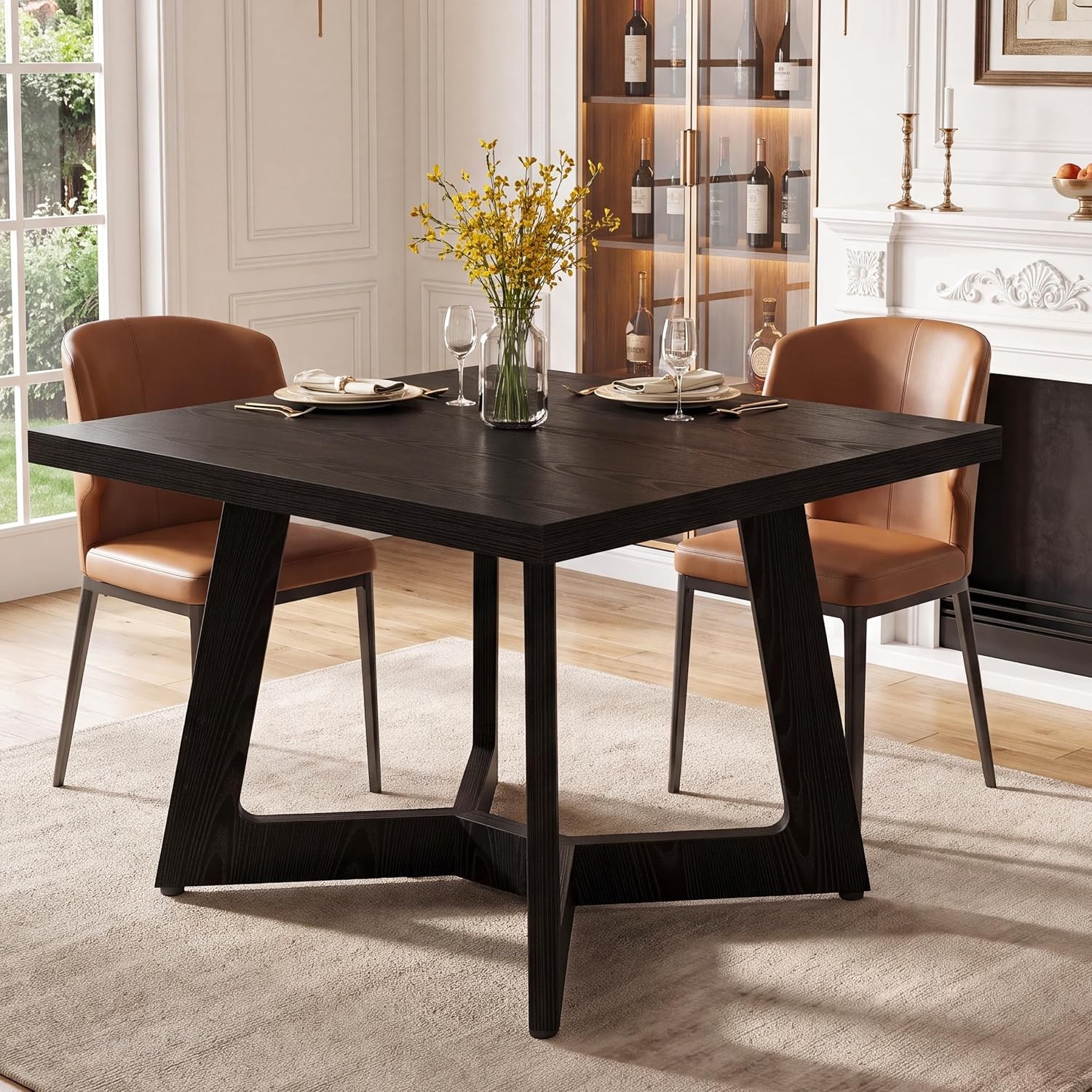 39.37″ Square Black Dining Table, Modern Wooden Kitchen Table for 2-4 Peoples