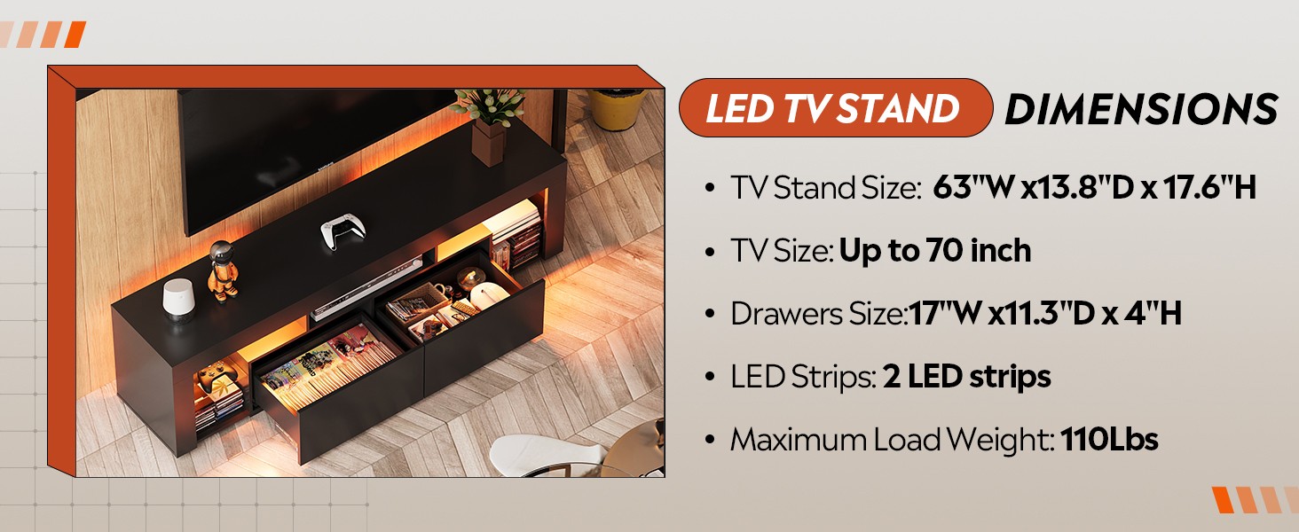 63 inch TV Stand for 50 55 60 65 70 Inch TVs, Modern Entertainment Center with