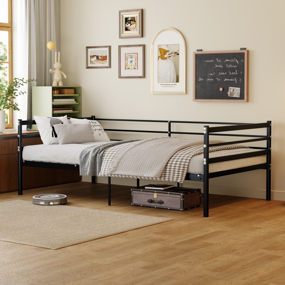 Twin Metal Loft Bed Sofa Surround Design 11.8in Safety Guardrail Space Saving
