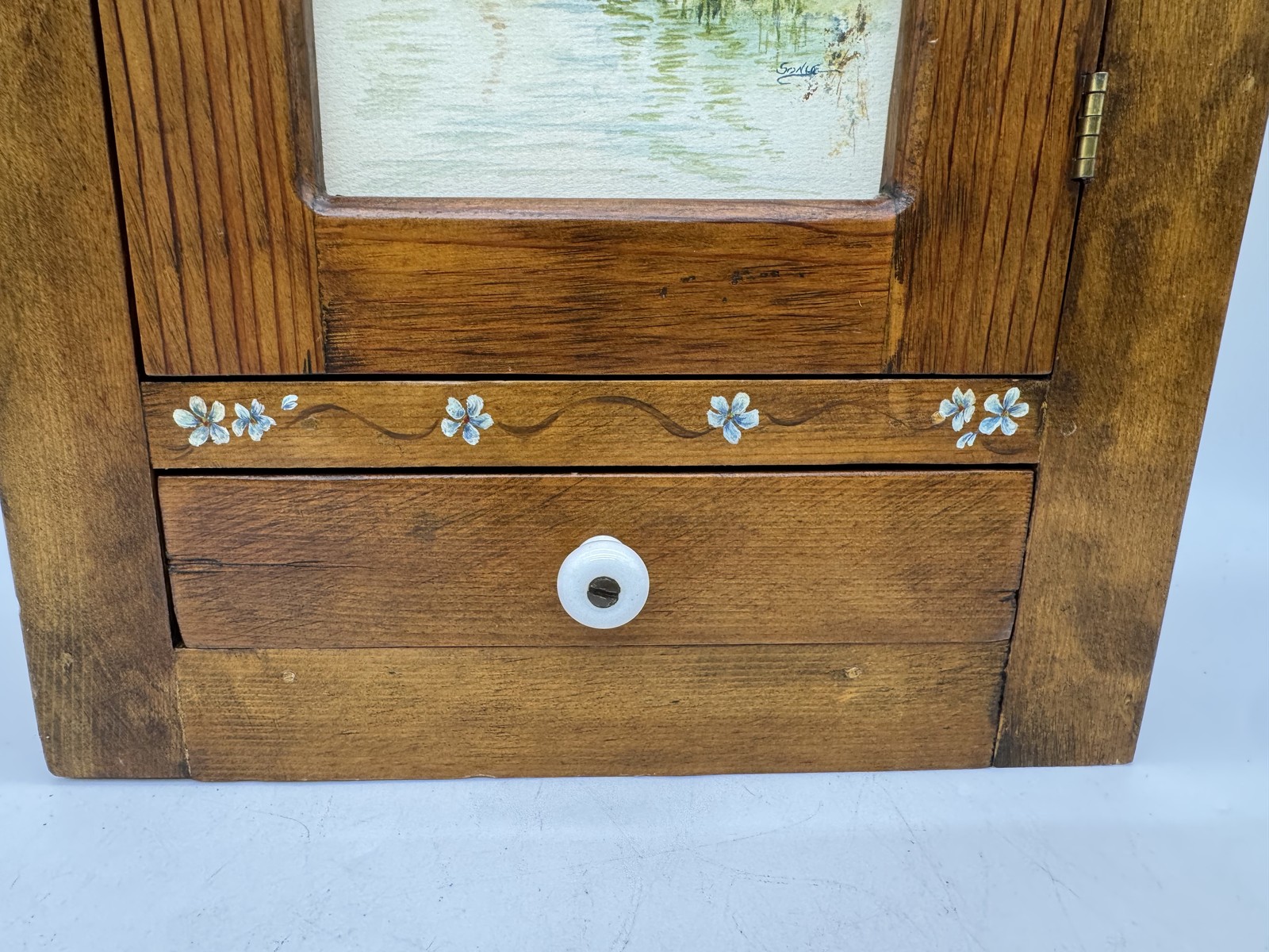 VTG Hand-Painted Floral Wood Wall Cabinet w/ Drawer & Shelf Granny Cottage Core