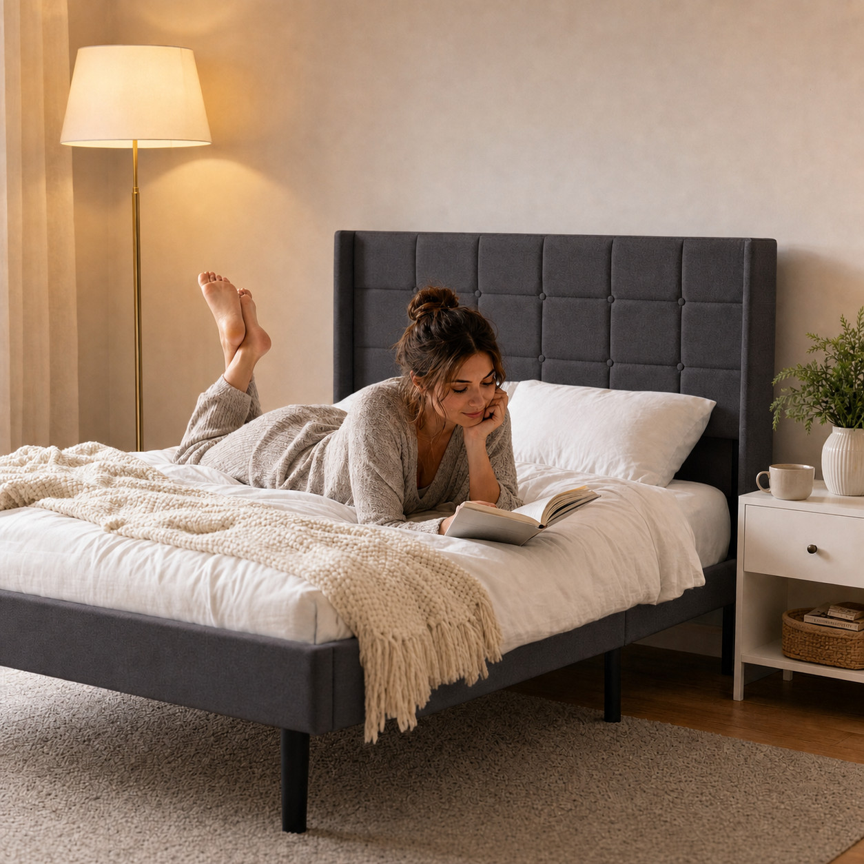 Premium Tufted Linen Bed, Sturdy Support, No Box Spring Required, Grey Options