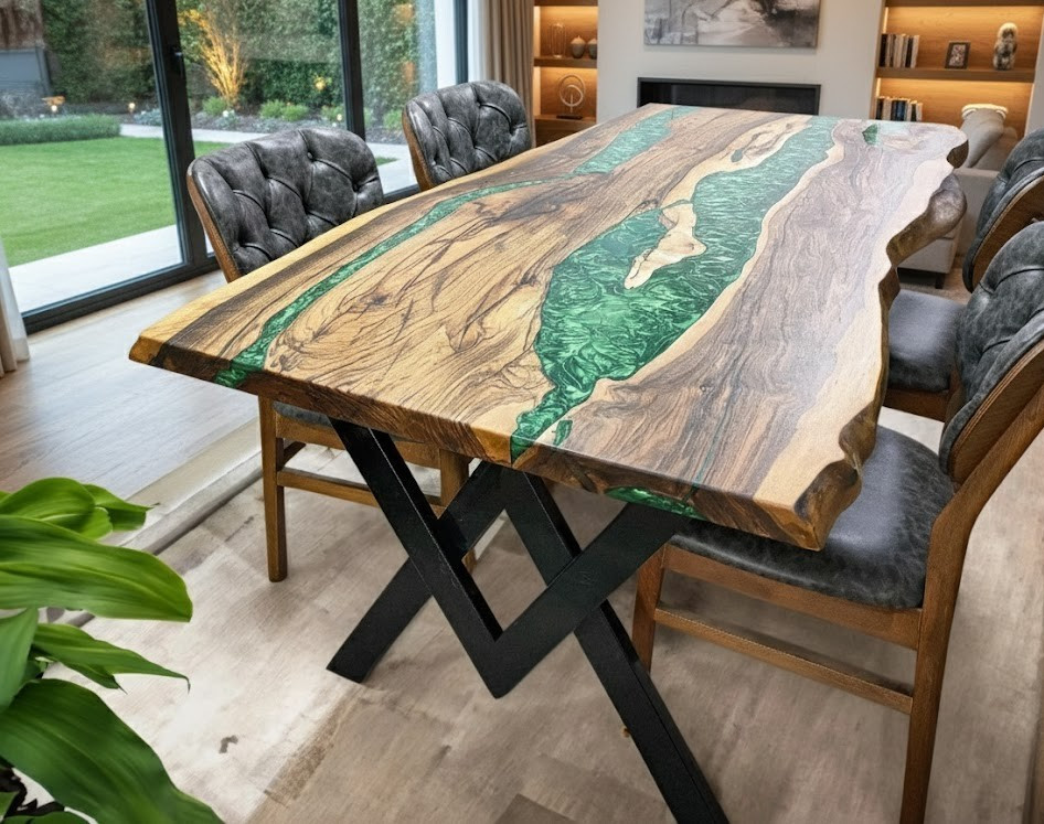 Green Epoxy River Wood Table Top Live Edge Handmade Resin Dining Coffee Desk