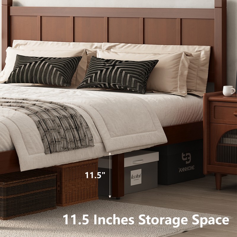 Queen Size Flat Panel Bed w/Headboard Farmhouse Platform Bed Frame Dark Walnut