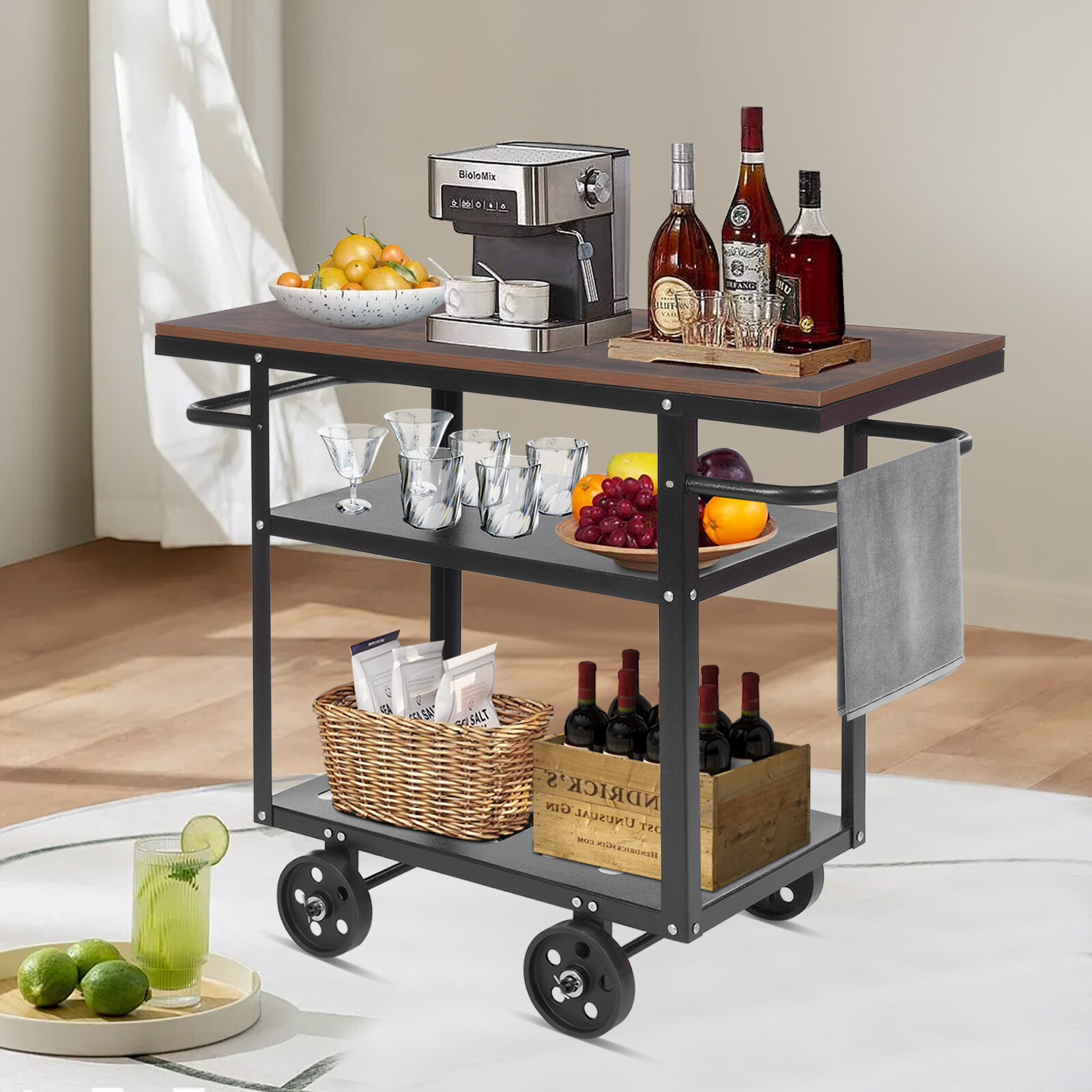3-Tier Industrial Bar Kitchen Cart for Home, Serving Cart with Wheels and Handle