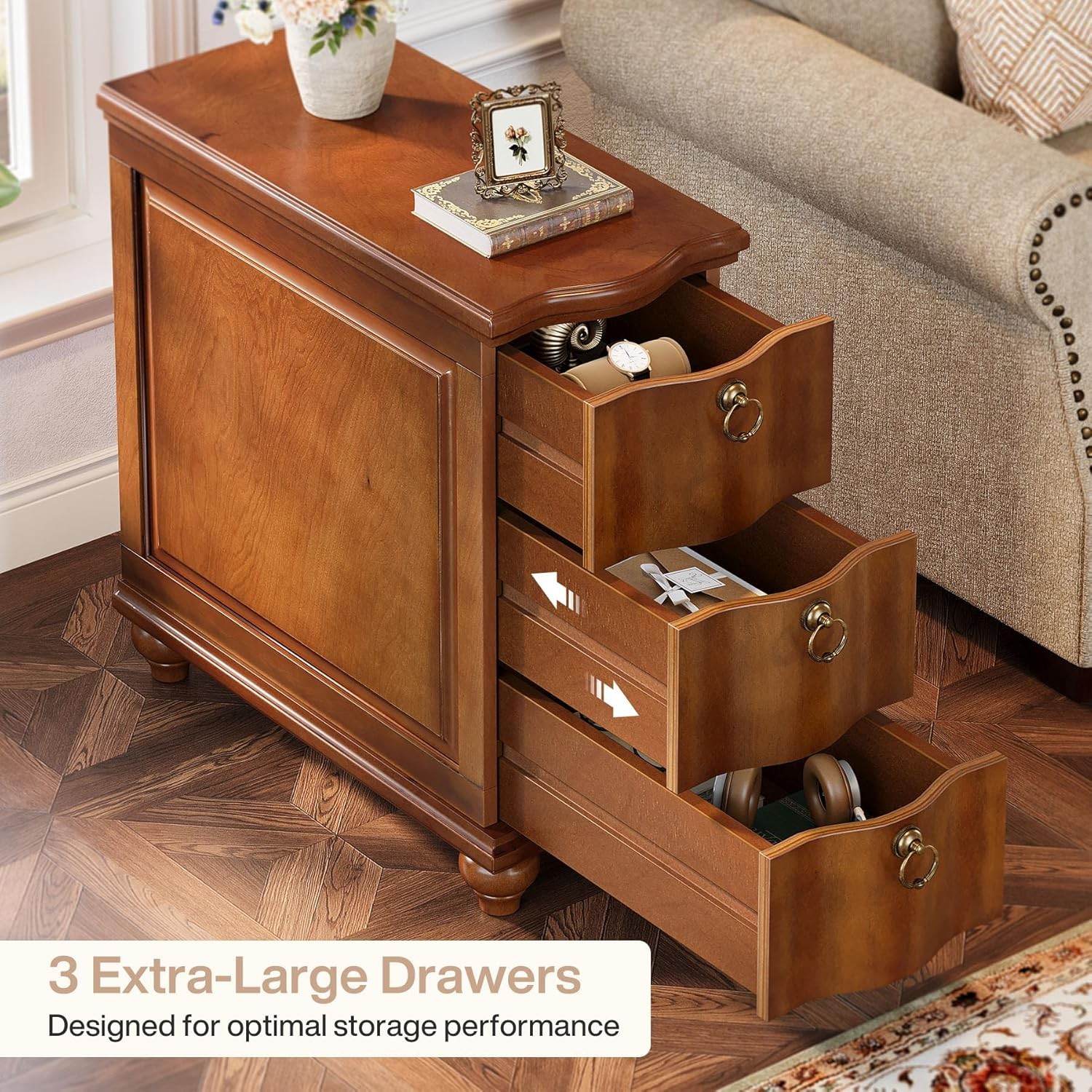 Wood Fully Assembled End Table, 3-Drawers Narrow Slim Side Table for Living Room