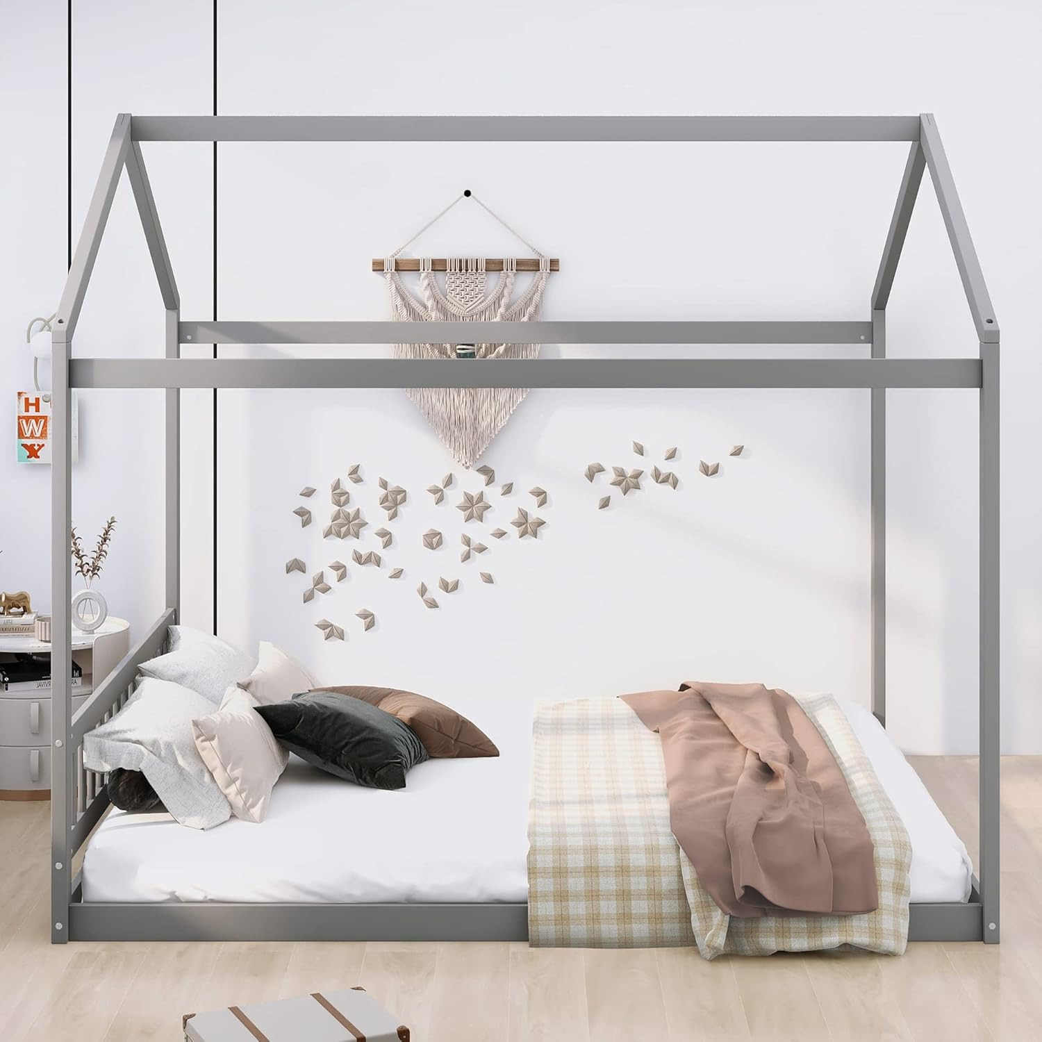 Gray Queen House Bed Frame, Sturdy Pine Wood, Easy Assembly