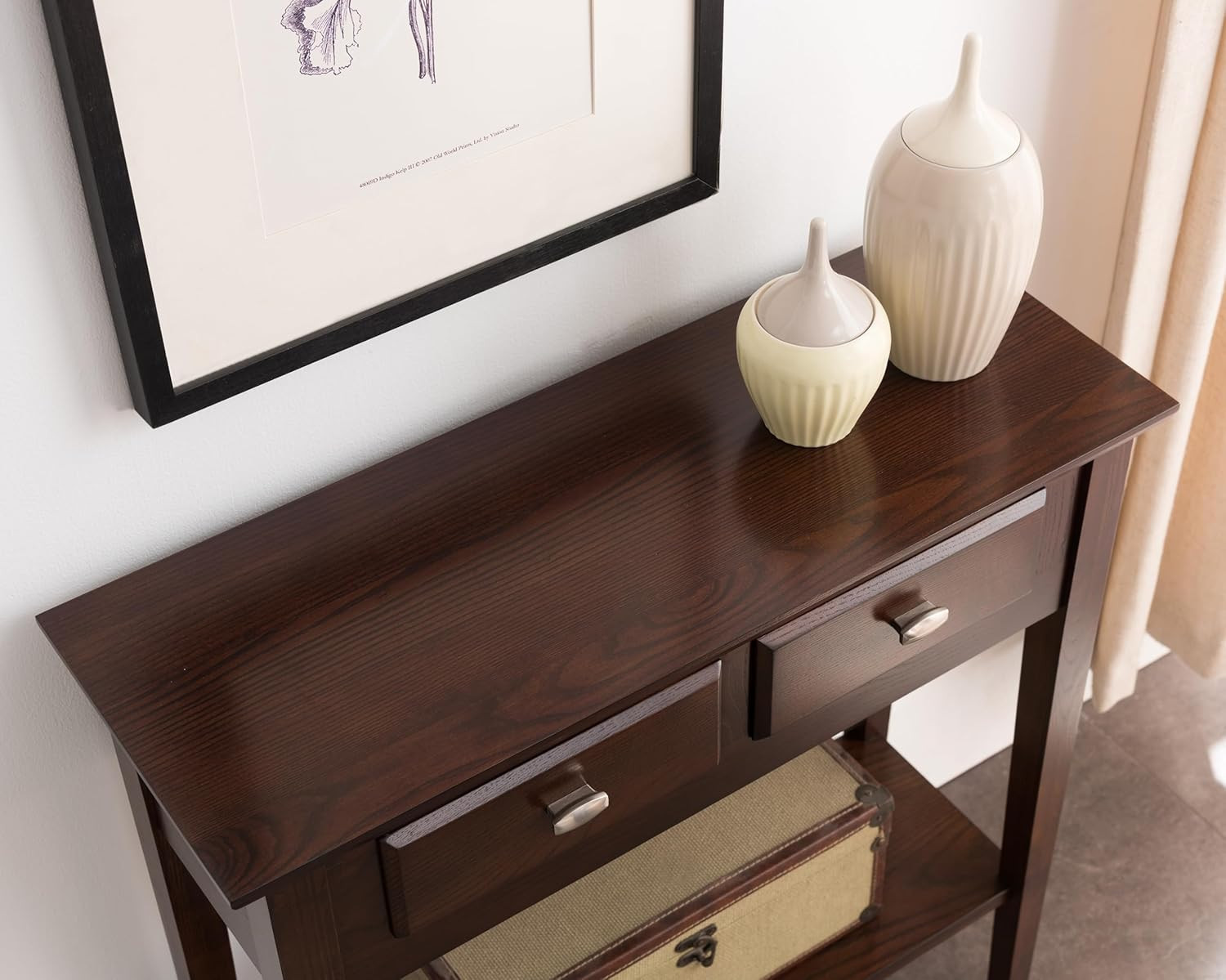10075-CH Two Drawer Sofa Table Hall Console with Shelf, Chocolate Oak, 11 in X 3