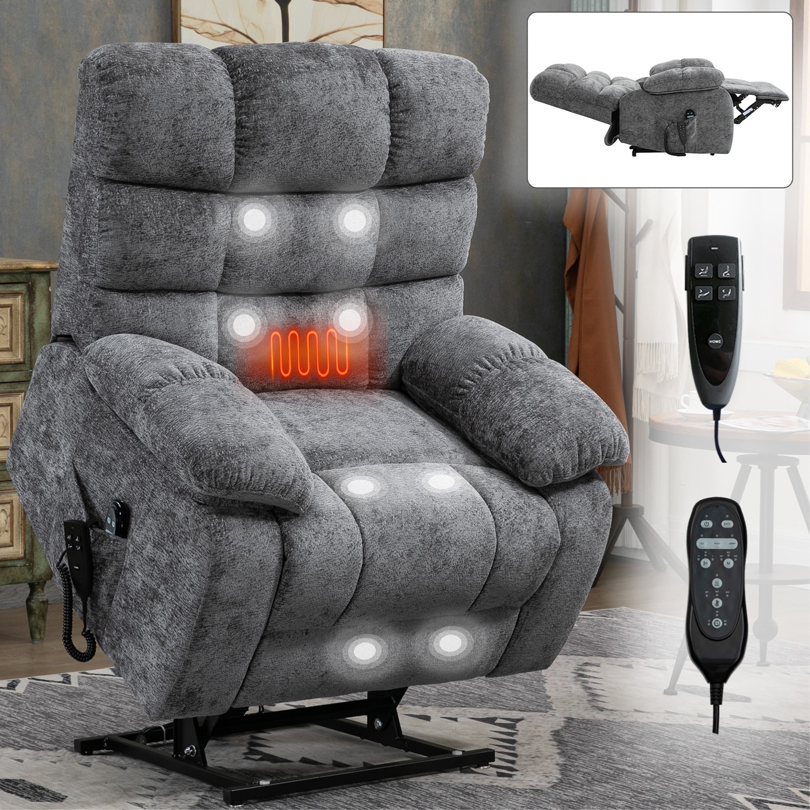 Oversized Lay Flat Massage Heat Power Lift Recliner Chair for Elderly Dual Motor
