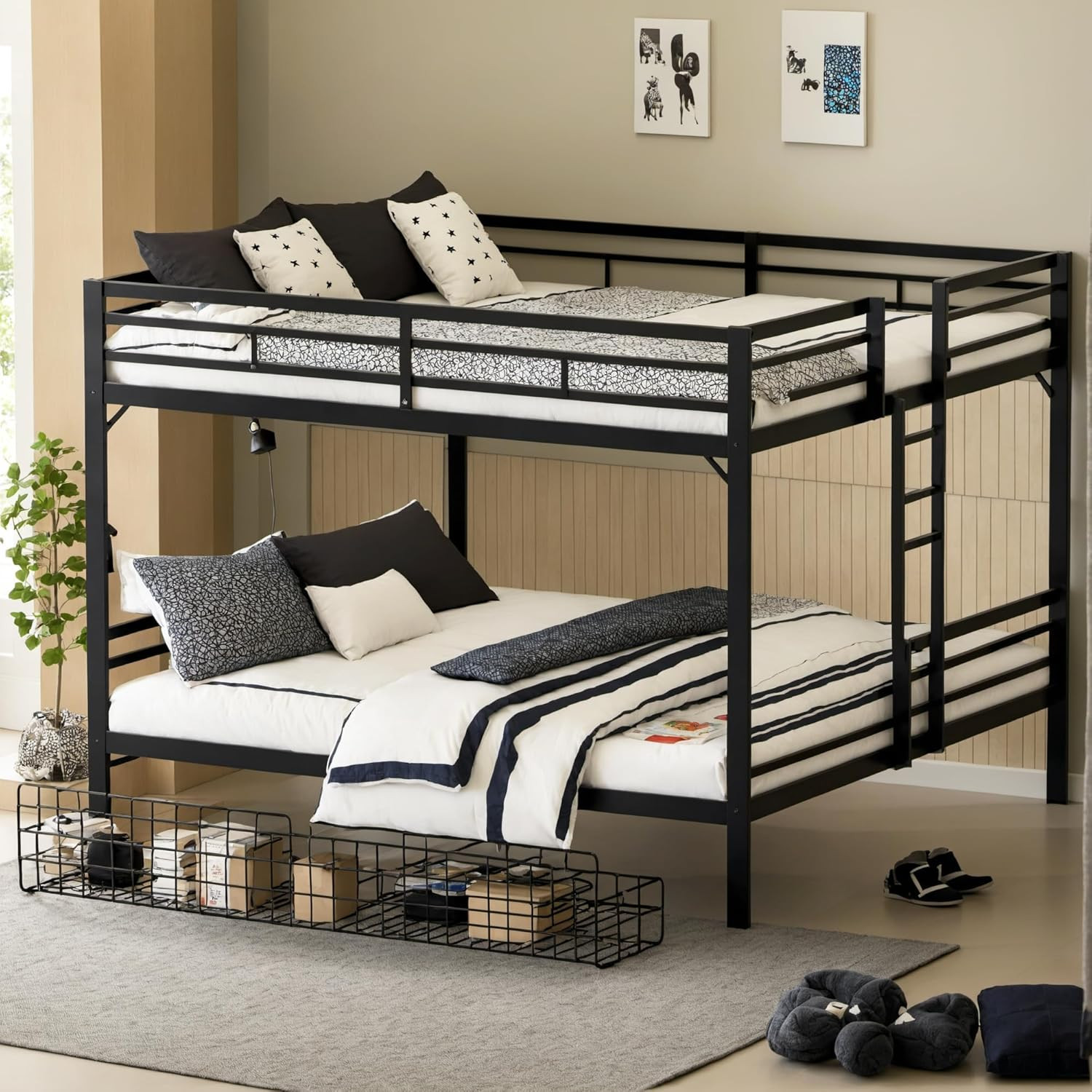 Modern Queen Over Queen Bunk Bed with Drawer & Safety Guardrails, Black