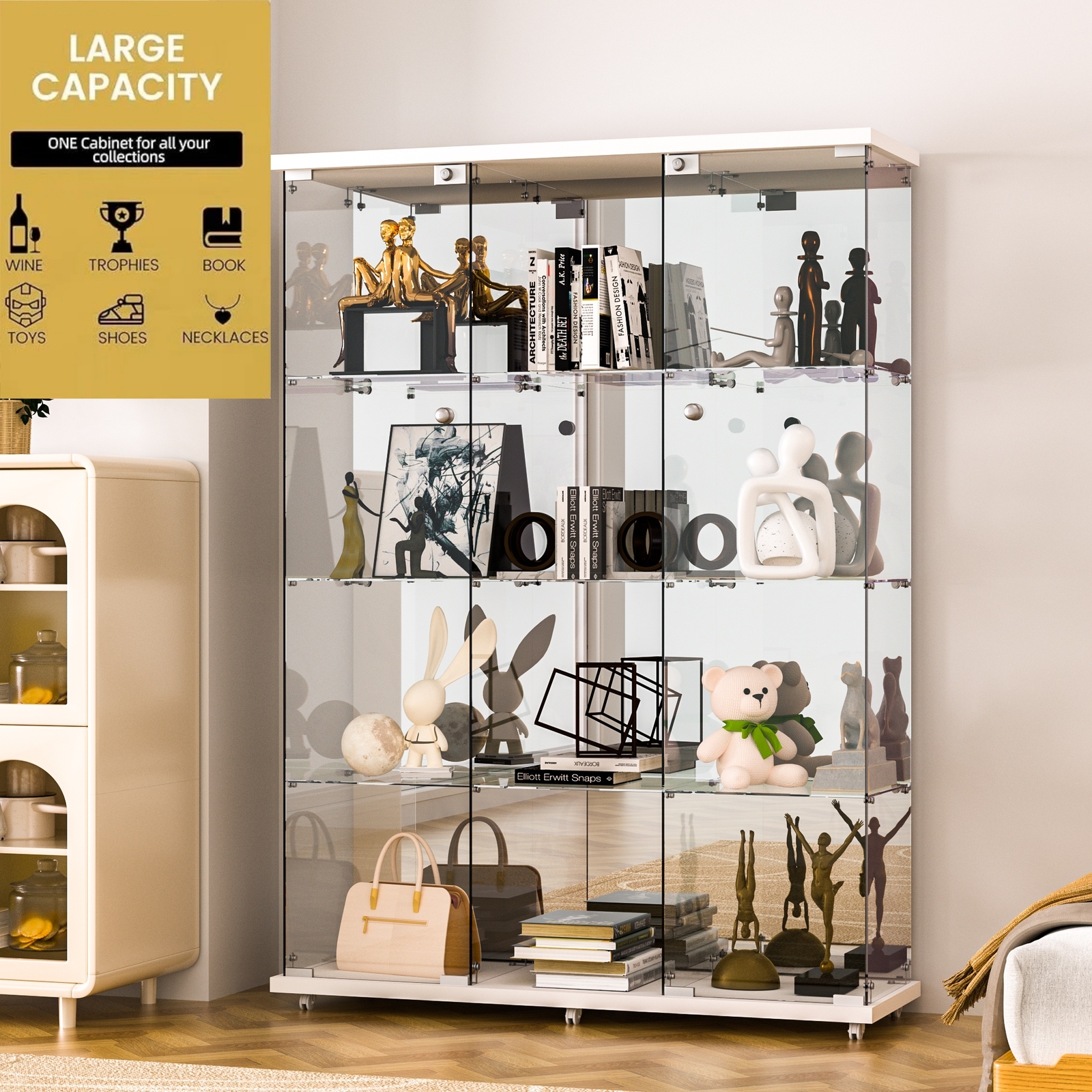 Glass Display Cabinet W/Mirror 4 Shelves 3 Door Storage Case For Curio NEW White