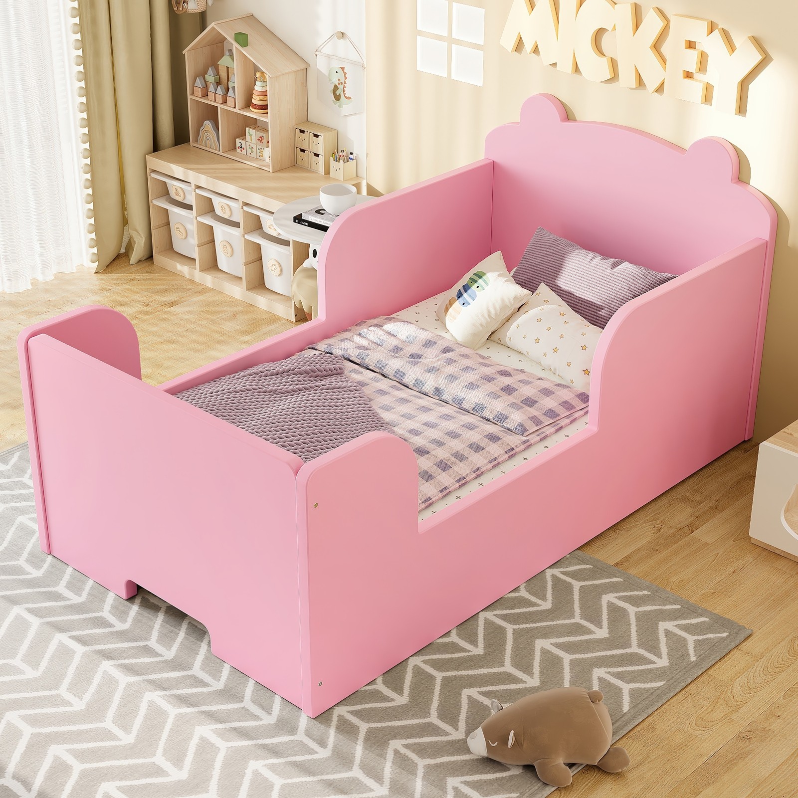 Twin Wood Toddler Floor Bed Frame with Safety Barrier for Boys & Girls Ages 3-6