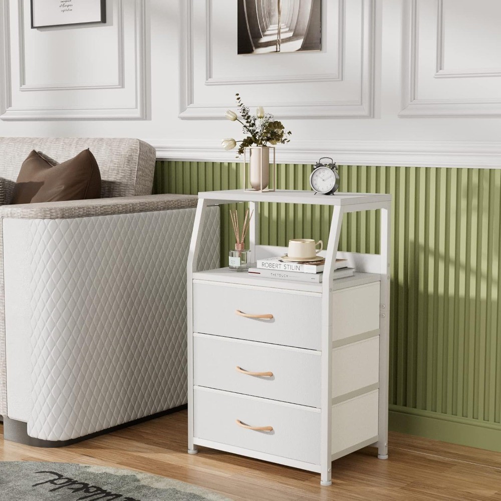 White Nightstand 3 Drawers 2-Tier Shelf Side End Table for Bedroom Hallway