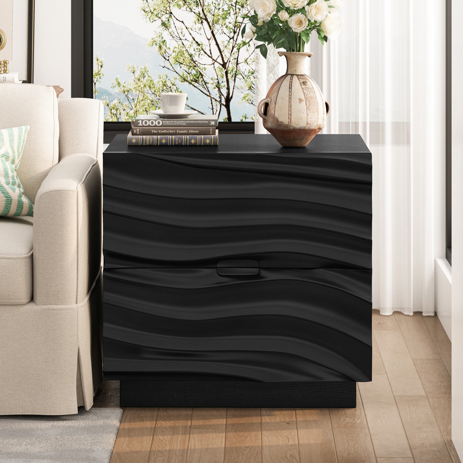 Solid Wood Nightstand with 2 Drawers, Black, 23.62″ L x 15.75″ W