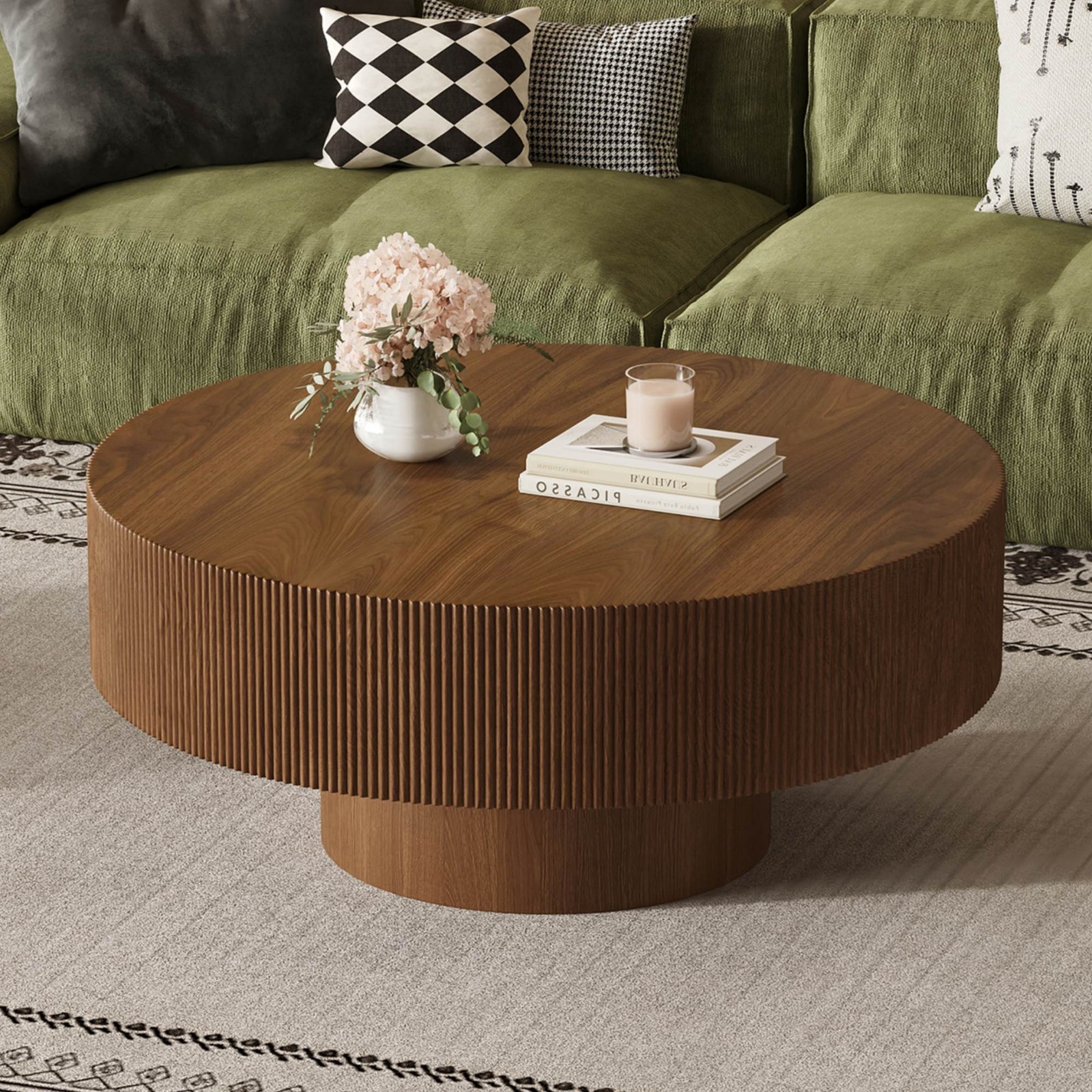 FUNIDEE Coffee Table with 8.5″ Thick Tabletop Drum End Table Center Table Walnut