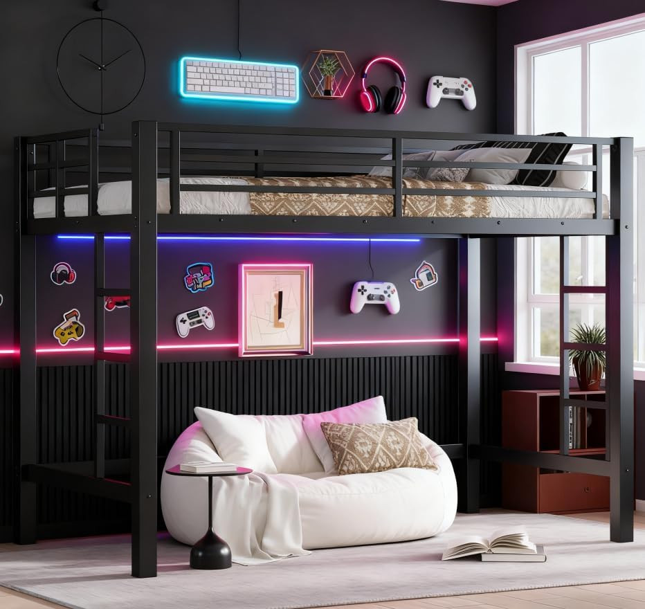 Twin XL Size Loft Bed with 2 Ladder and Guardrails, Metal Loft Bed Frame, for Ad