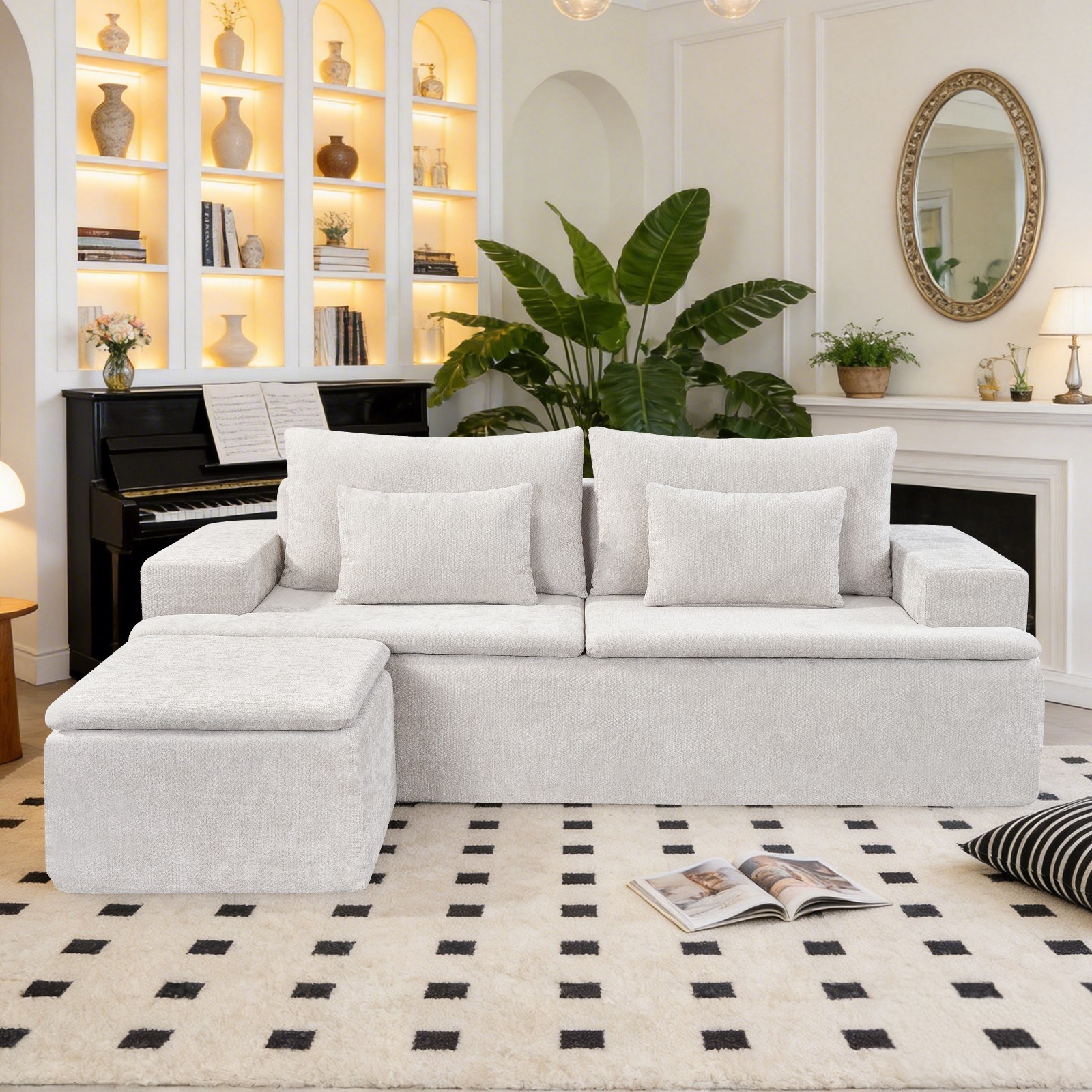 L-Shaped Boneless Couch,Corduroy Modular Sectional Sofa with Movable Ottoman