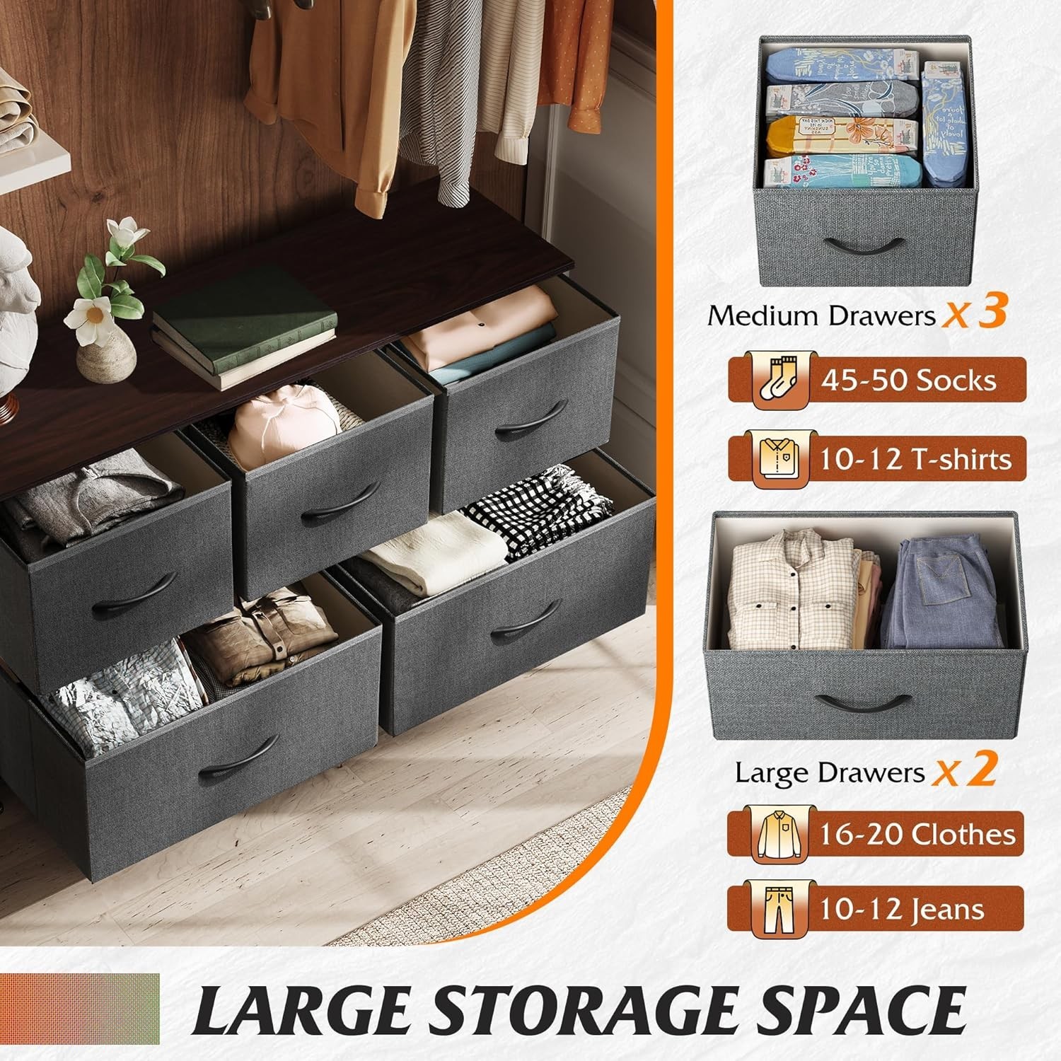Dresser for Bedroom with 5 Drawers, Wide Chest of Drawers, Fabric Dresser, St…