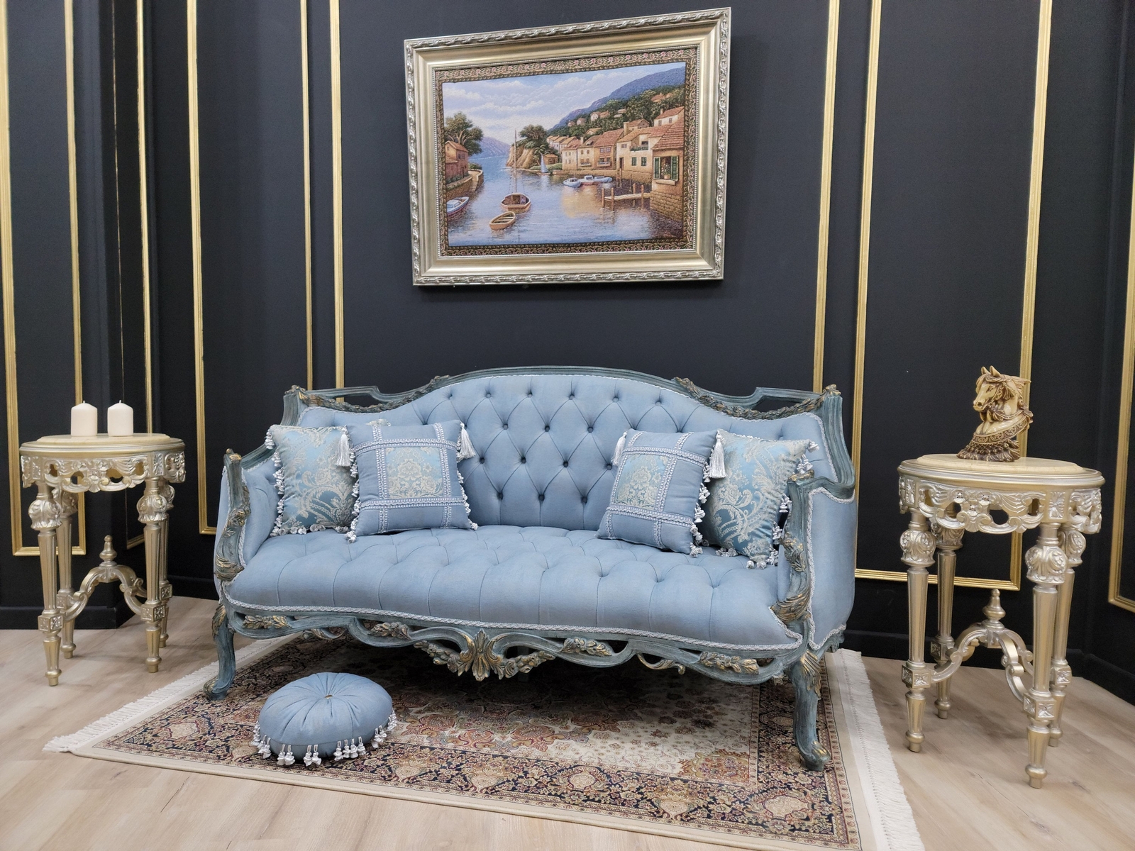 French Style Settee / Antique Gold Leaf Accent /Hand Carved Wood Frame/ Tufted