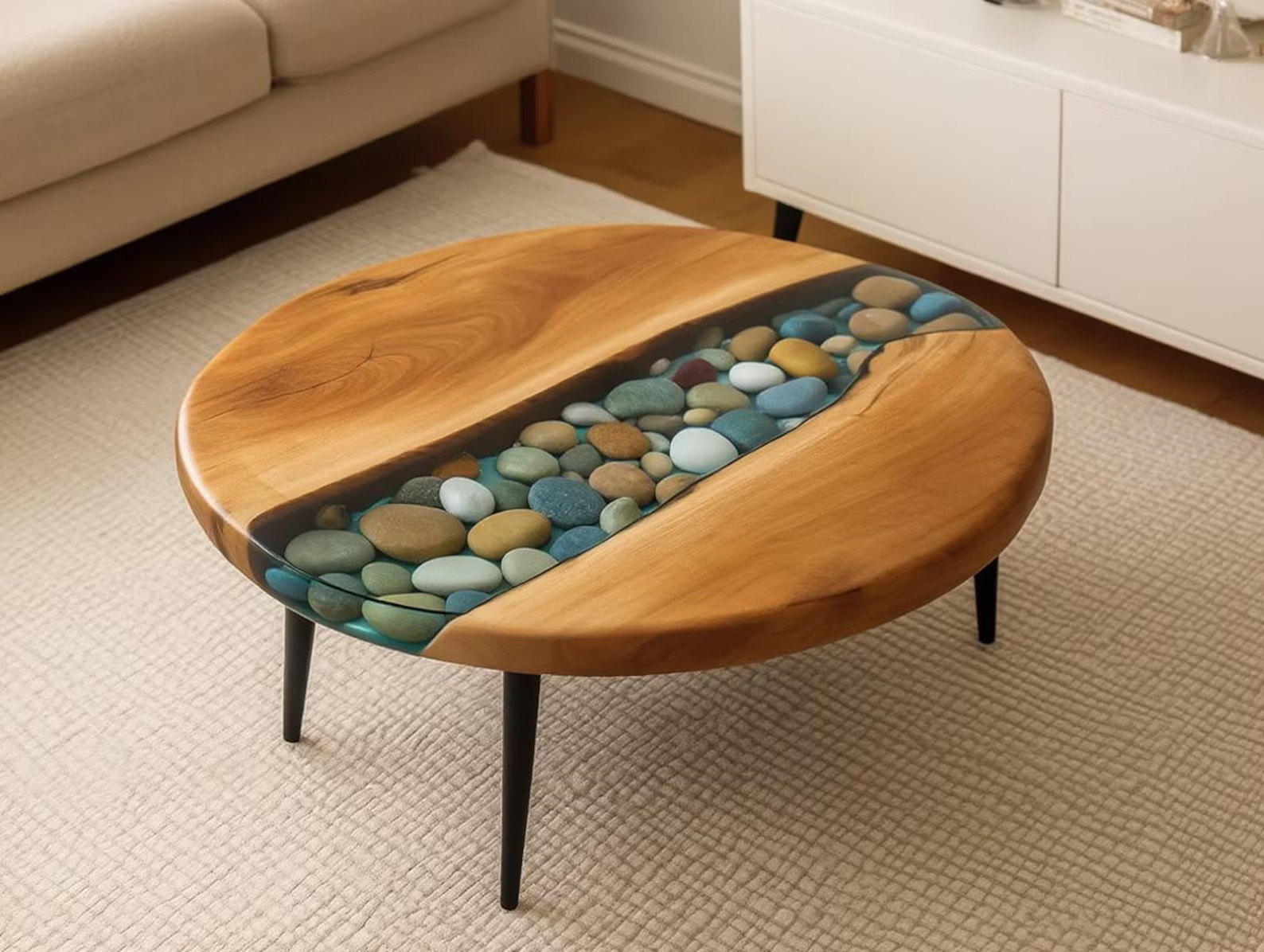 Live Edge River Rock Epoxy Coffee Table | Natural Wood & Stone Inlay Center Slab